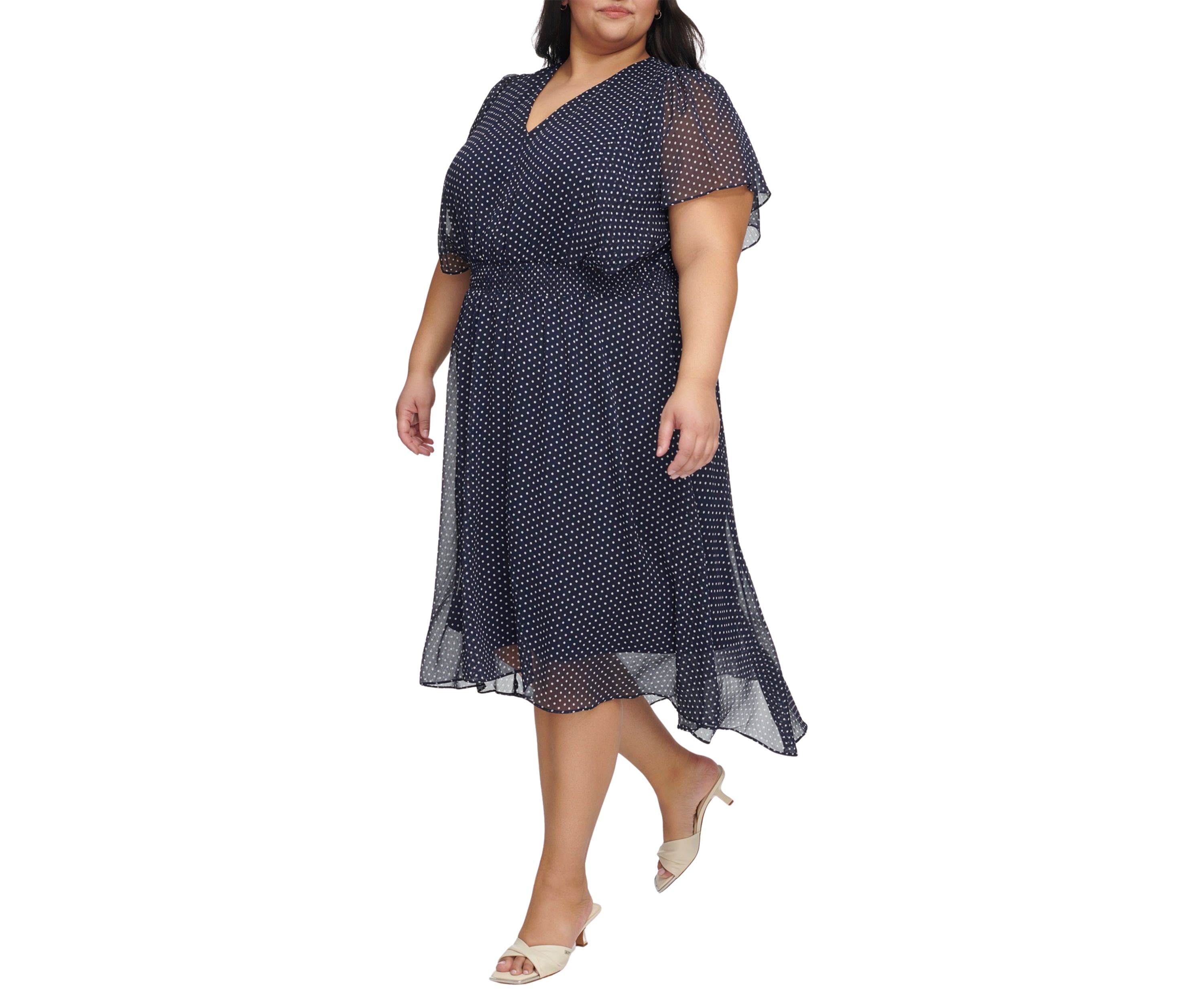 Plus Size Short Sleeve V-Neck Chiffon Midi Dress