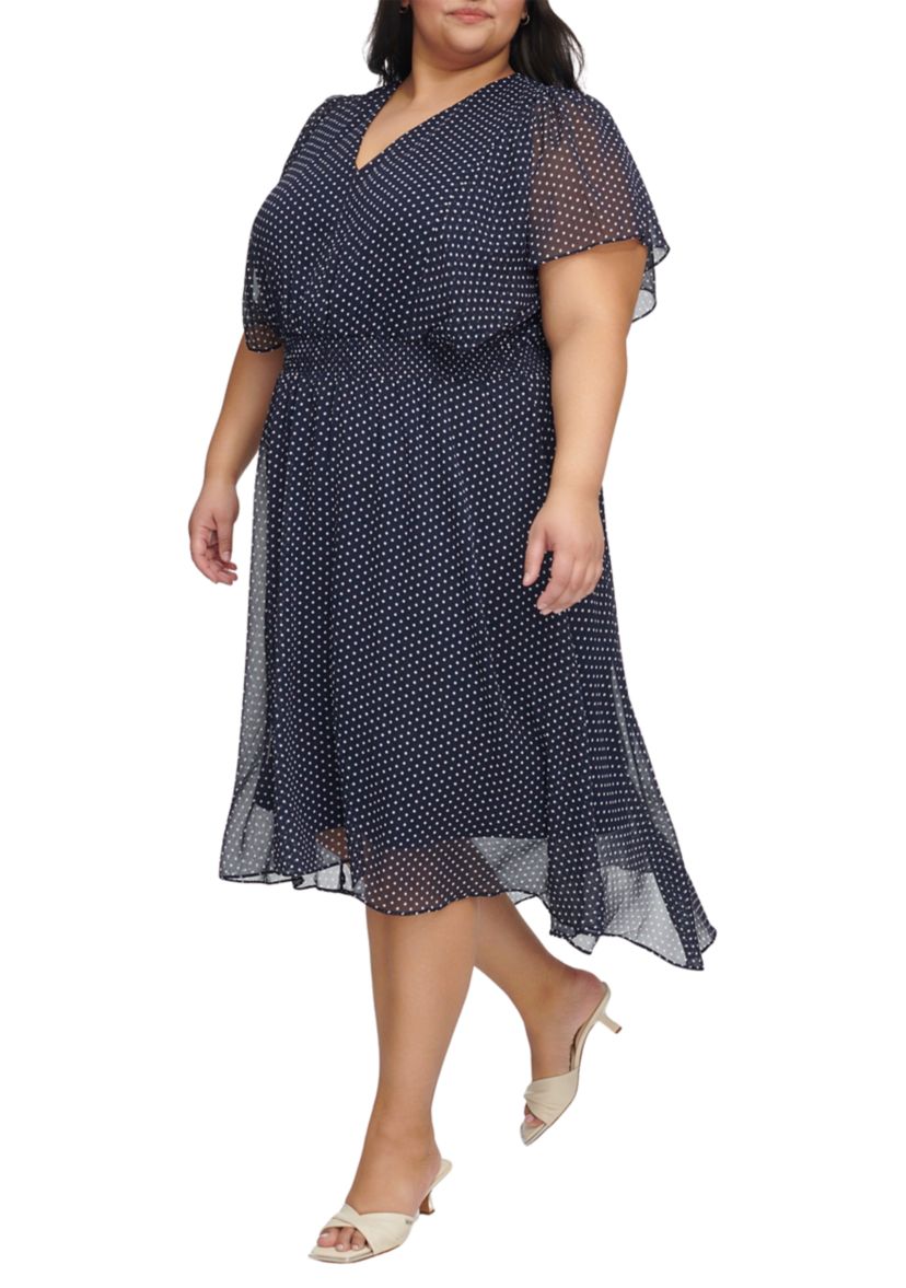 Plus Size Short Sleeve V-Neck Chiffon Midi Dress