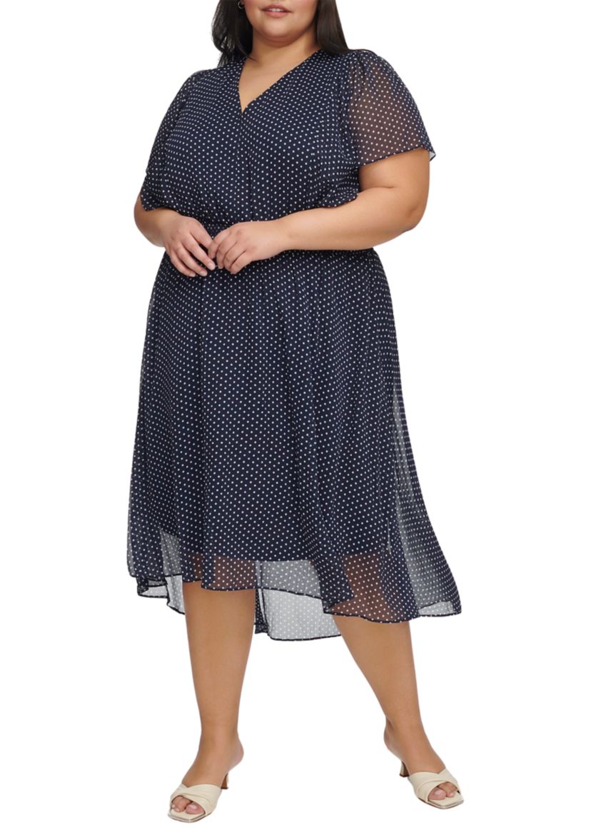 Plus Size Short Sleeve V-Neck Chiffon Midi Dress