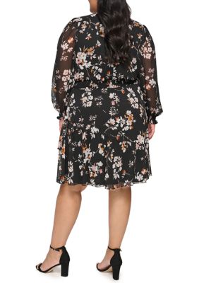 Plus Printed Fit and Flare Chiffon Dress