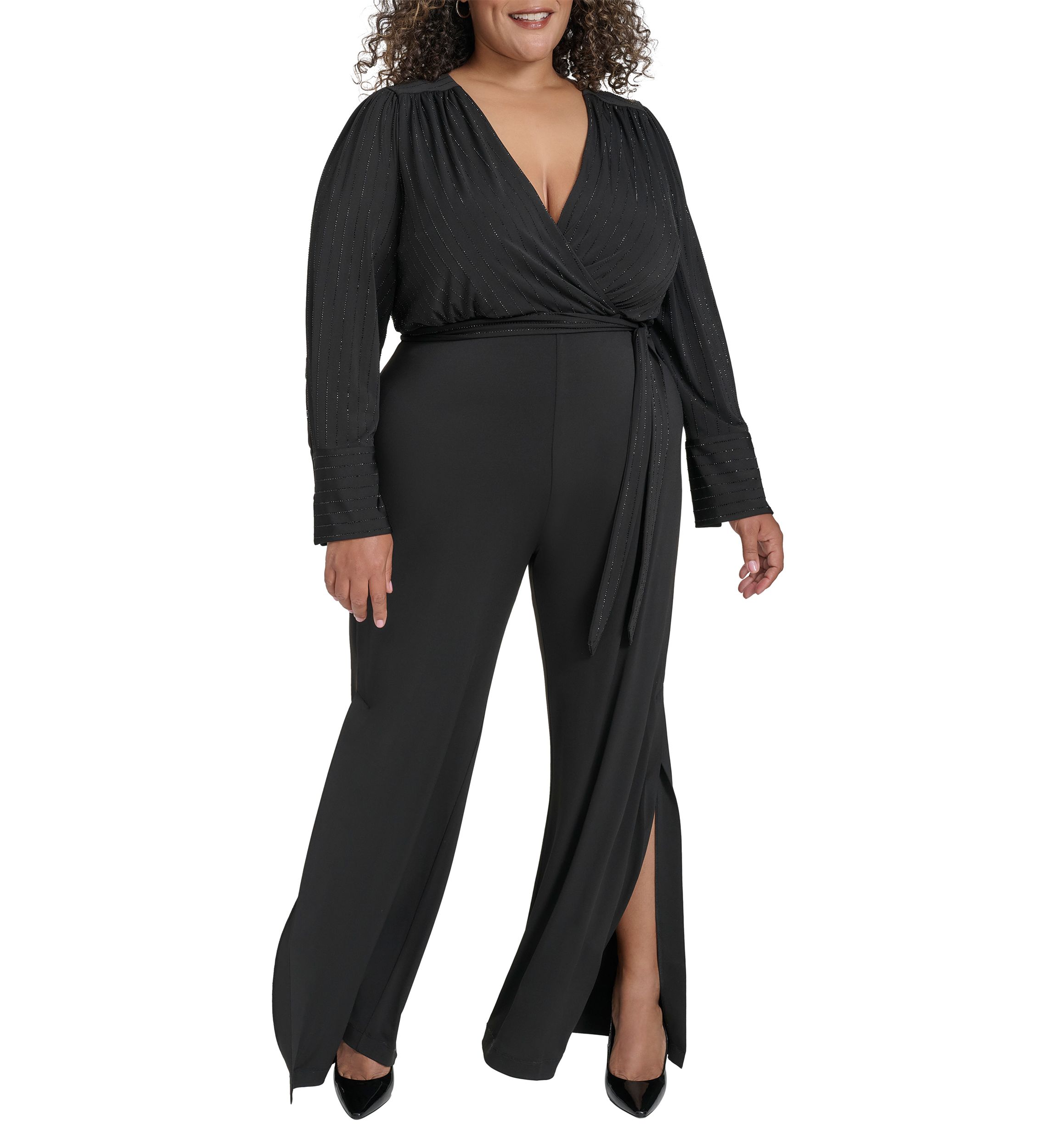 Plus Size Long Sleeve V-Neck Solid Glitter Jumpsuit