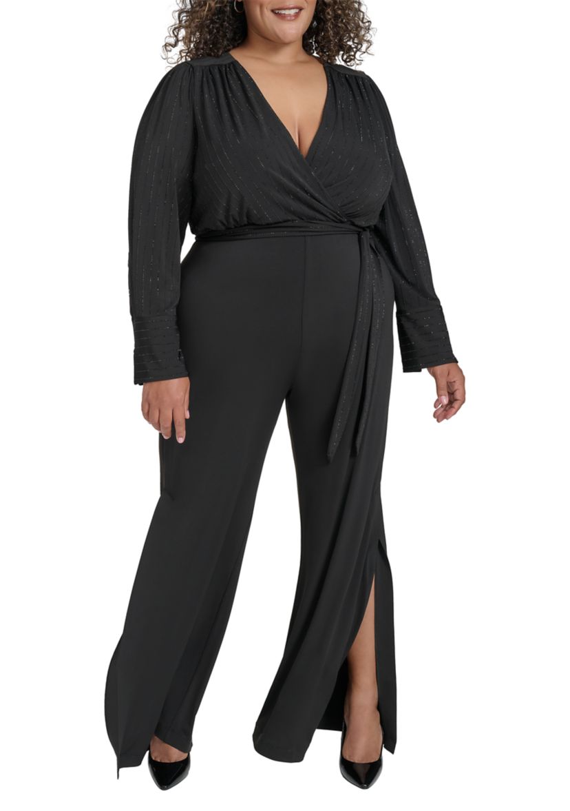 Plus Size Long Sleeve V-Neck Solid Glitter Jumpsuit