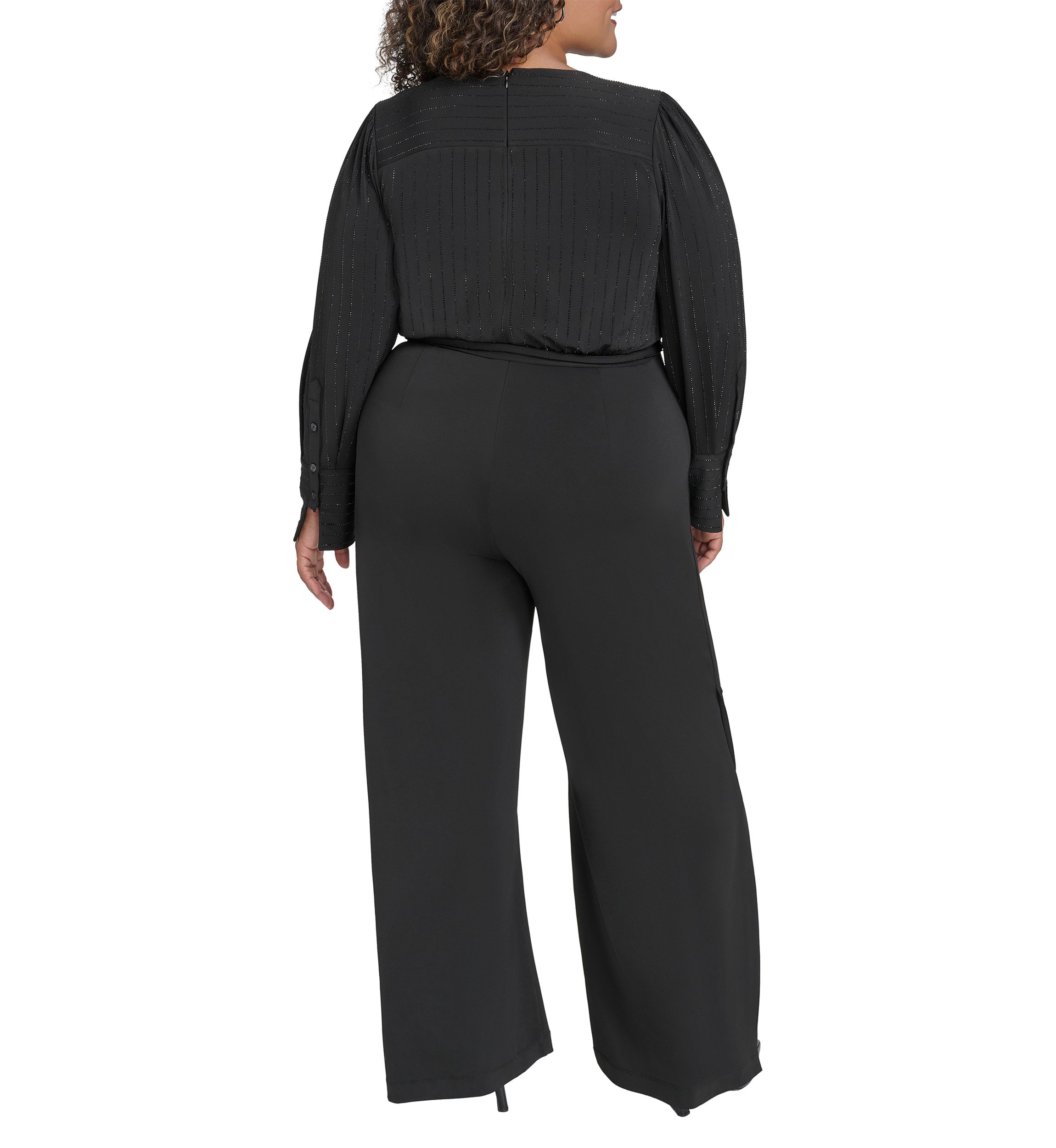 Plus Size Long Sleeve V-Neck Solid Glitter Jumpsuit