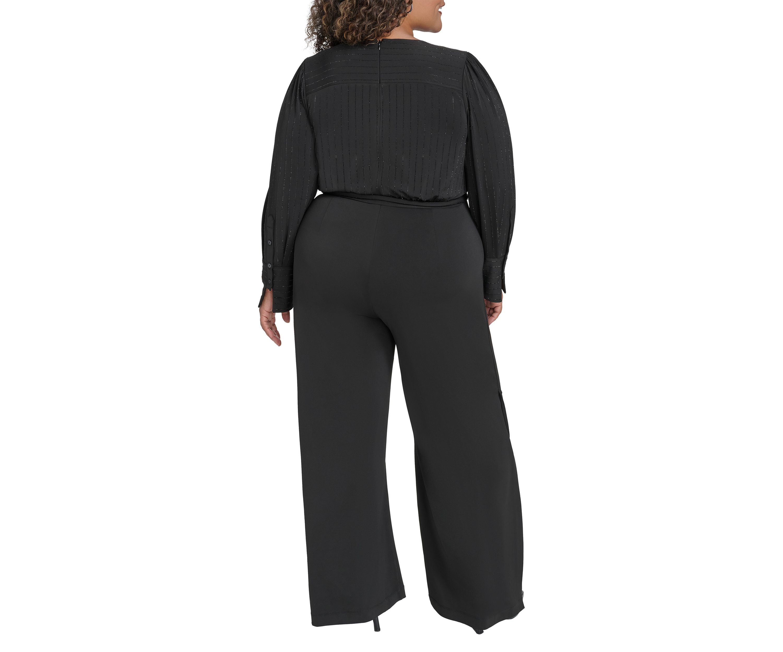 Plus Size Long Sleeve V-Neck Solid Glitter Jumpsuit