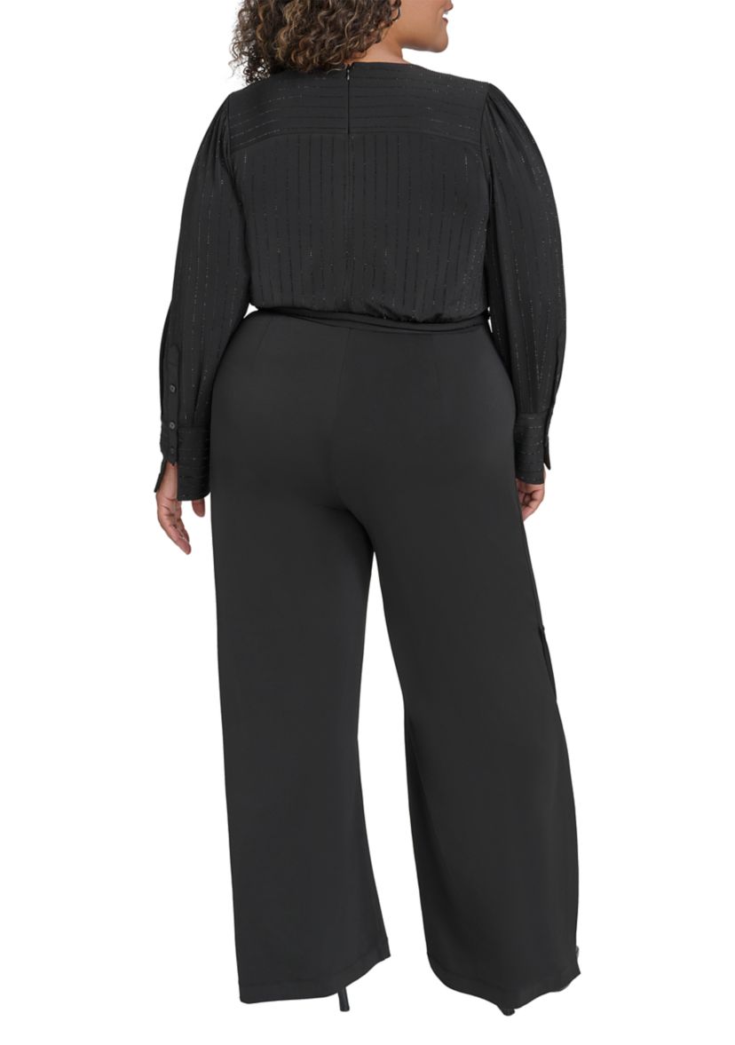 Plus Size Long Sleeve V-Neck Solid Glitter Jumpsuit