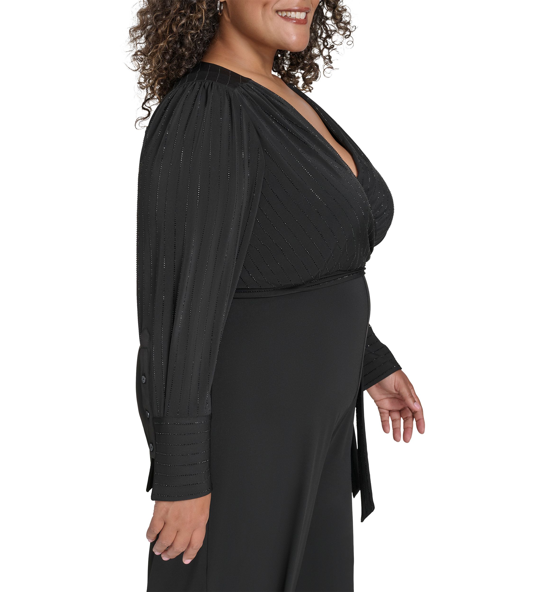 Plus Size Long Sleeve V-Neck Solid Glitter Jumpsuit