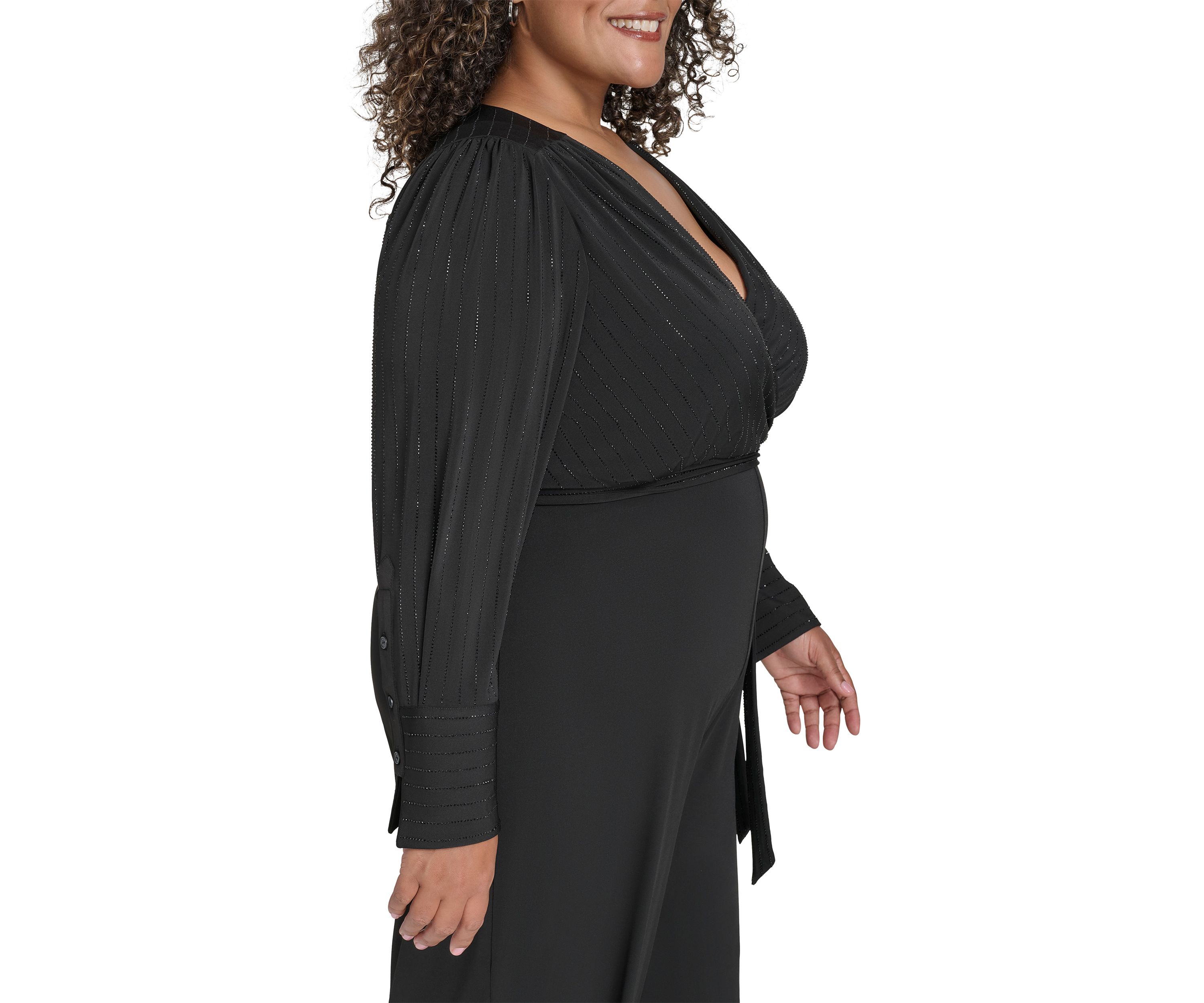 Plus Size Long Sleeve V-Neck Solid Glitter Jumpsuit