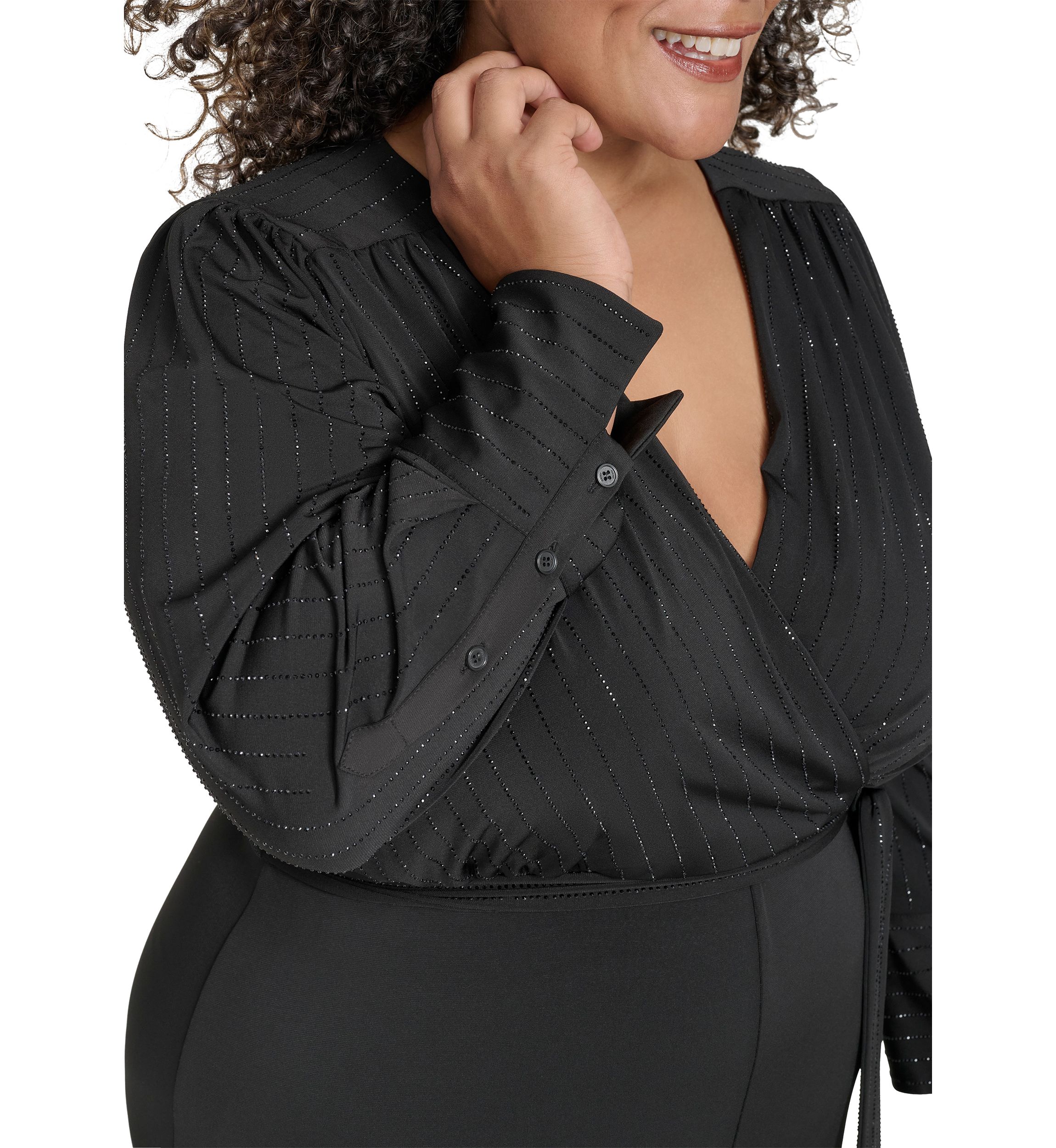 Plus Size Long Sleeve V-Neck Solid Glitter Jumpsuit