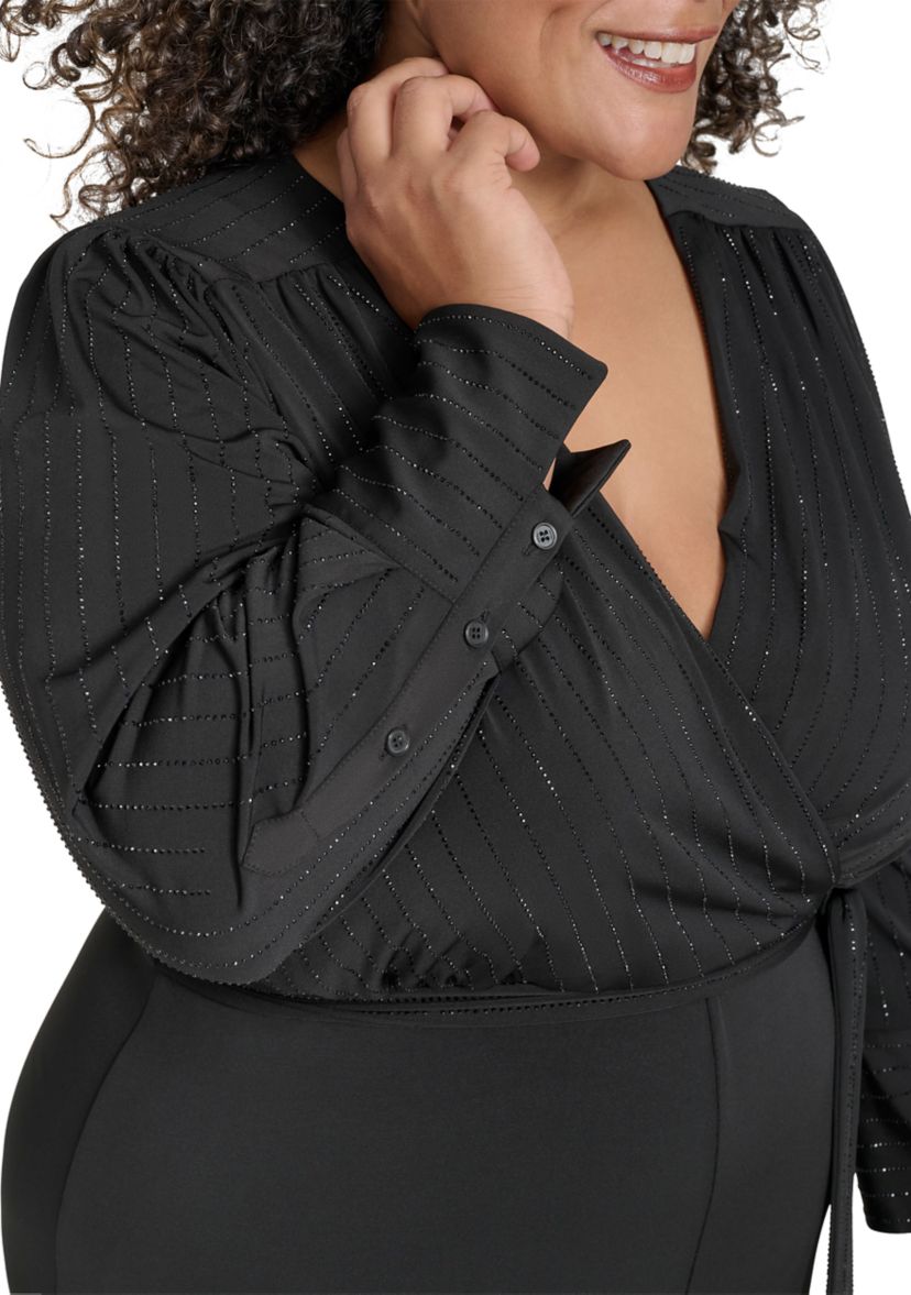 Plus Size Long Sleeve V-Neck Solid Glitter Jumpsuit