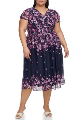 DKNY Jeans Women's Plus Size Short Sleeve V-Neck Floral Print Button Front Midi Dress, 14W
