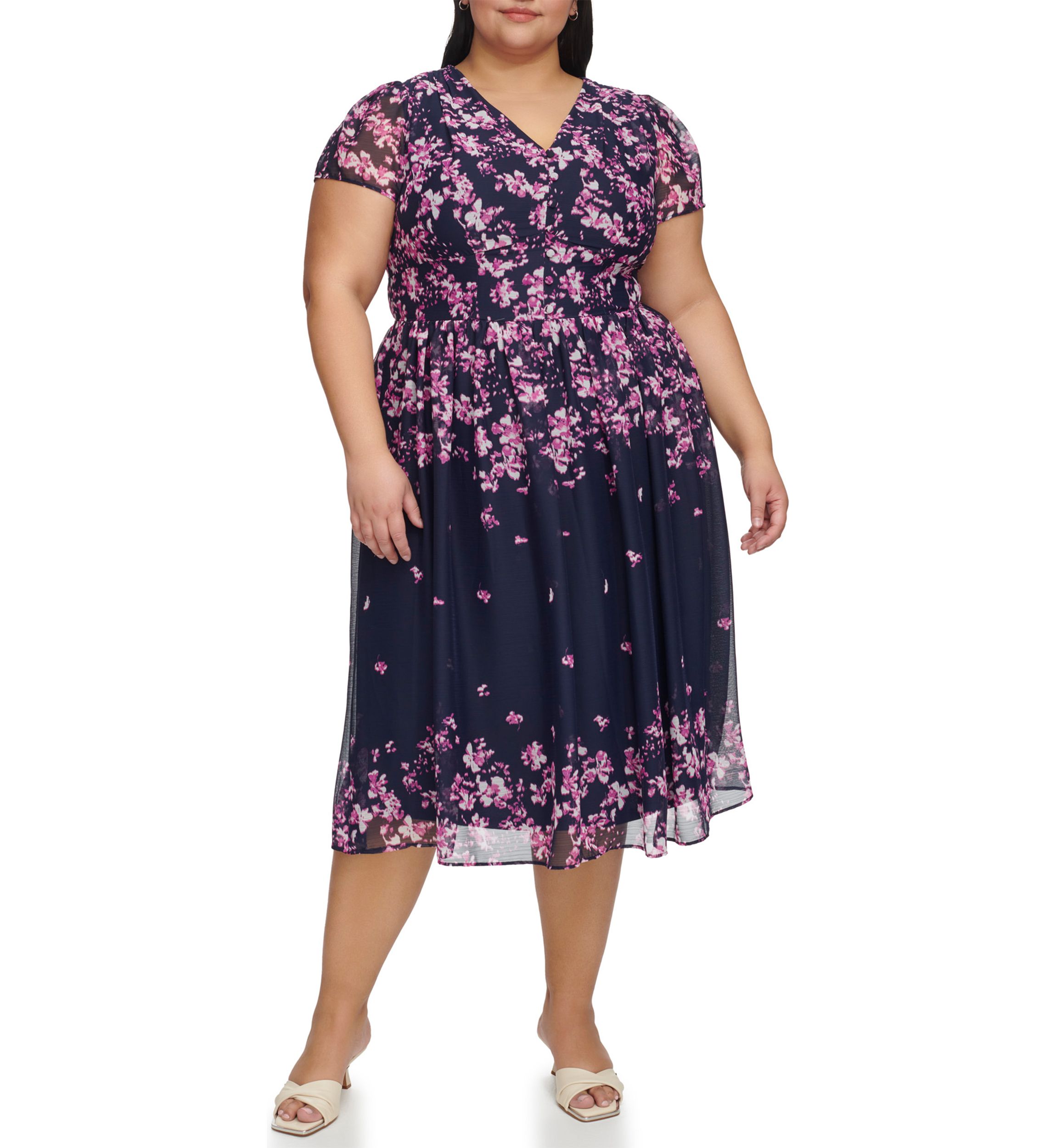 Plus Size Short Sleeve V-Neck Floral Print Button Front Midi Dress