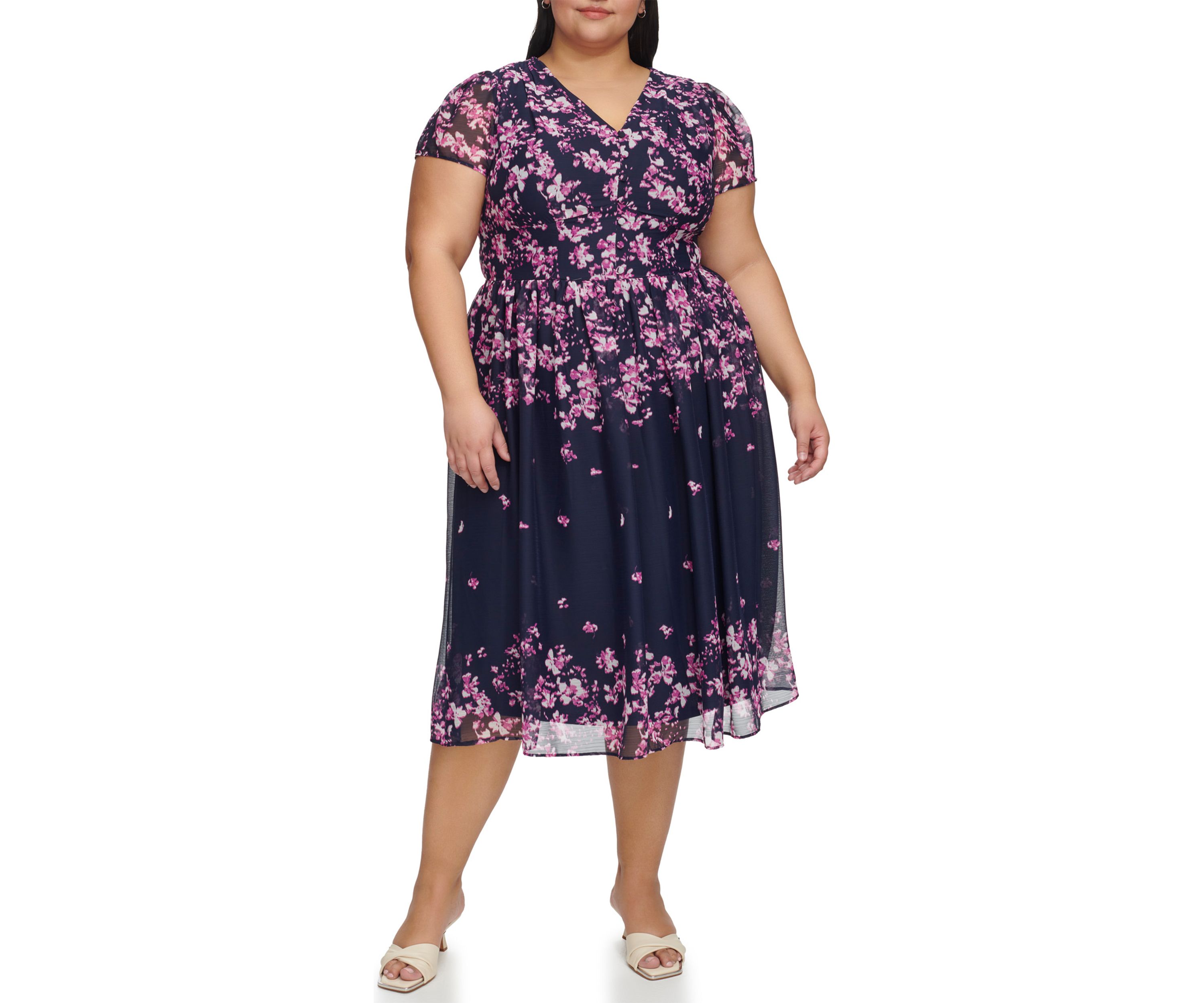 Plus Size Short Sleeve V-Neck Floral Print Button Front Midi Dress