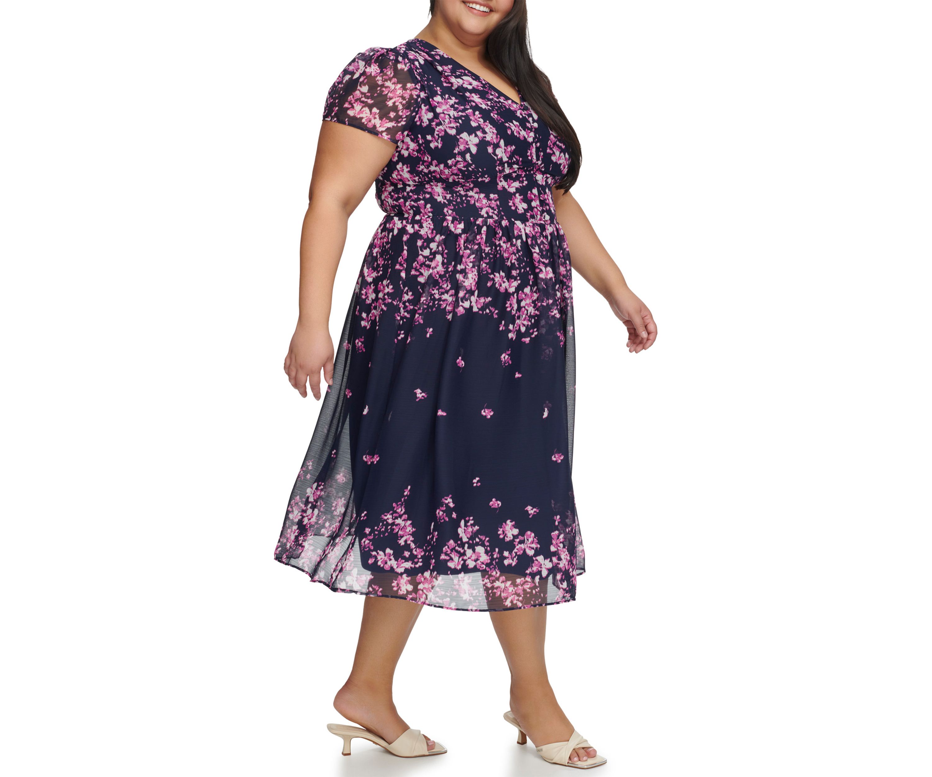 Plus Size Short Sleeve V-Neck Floral Print Button Front Midi Dress