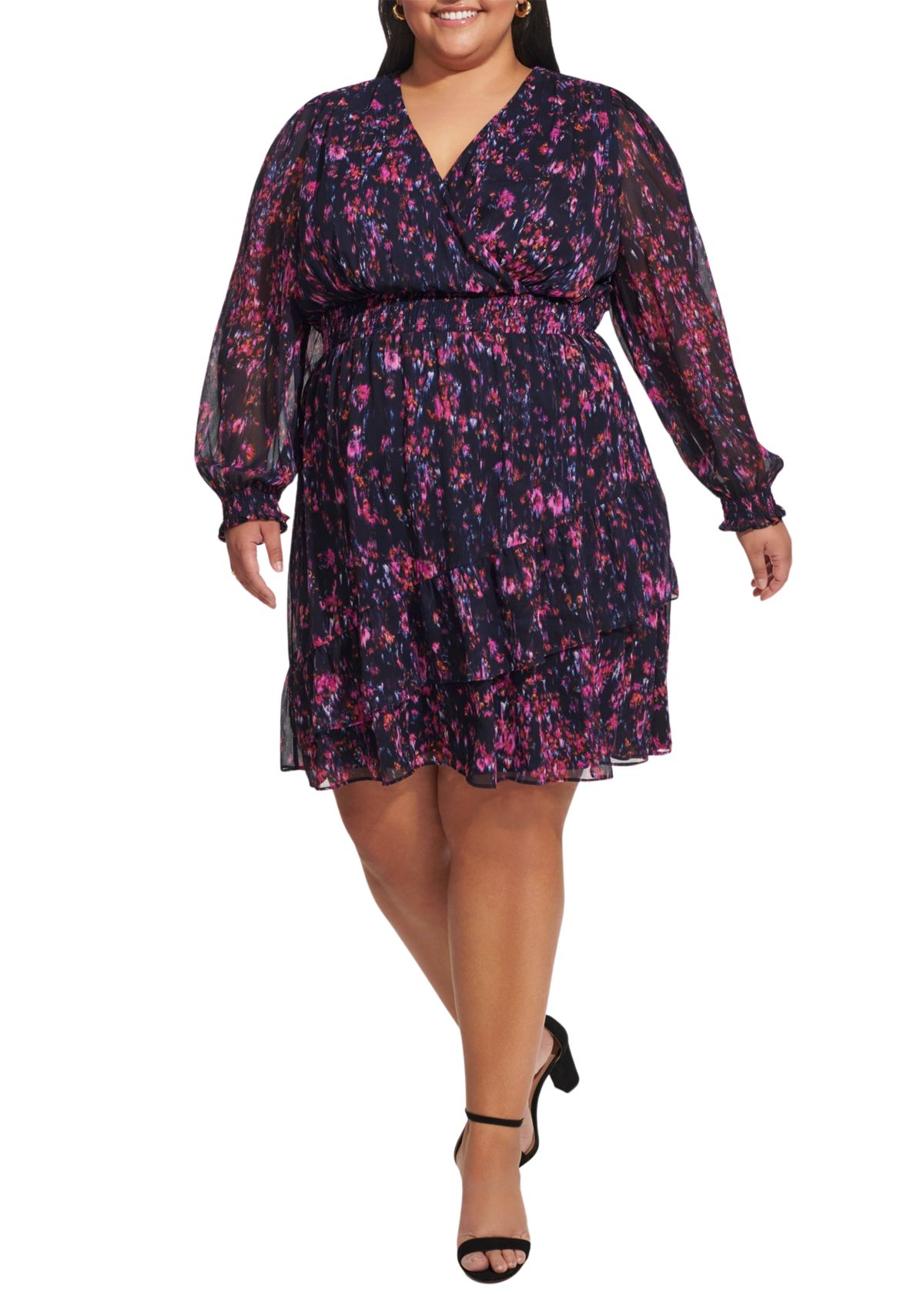 Plus Size Long Sleeve V-Neck Floral Print Ruffle Hem Dress