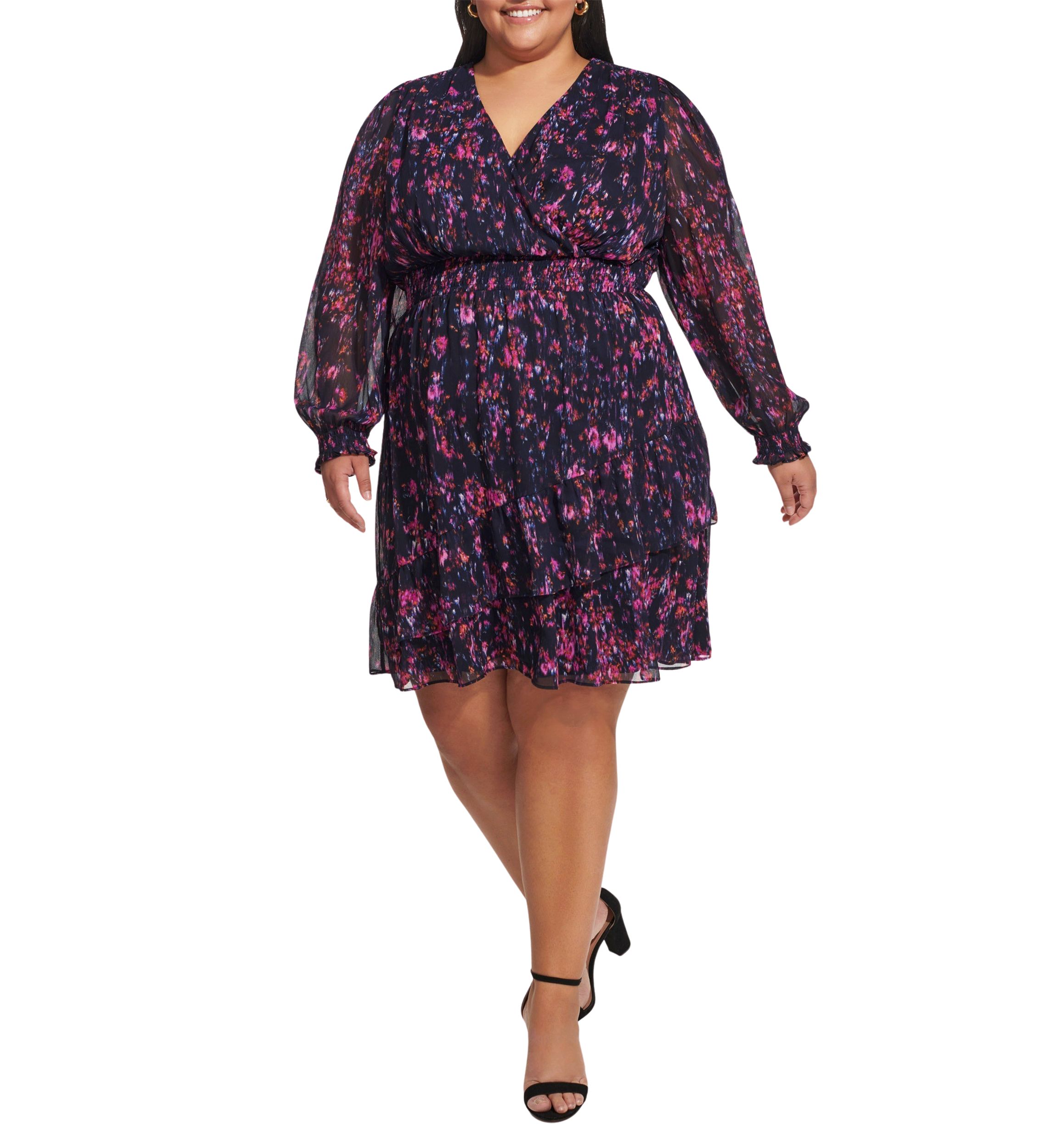 Plus Size Long Sleeve V-Neck Floral Print Ruffle Hem Dress
