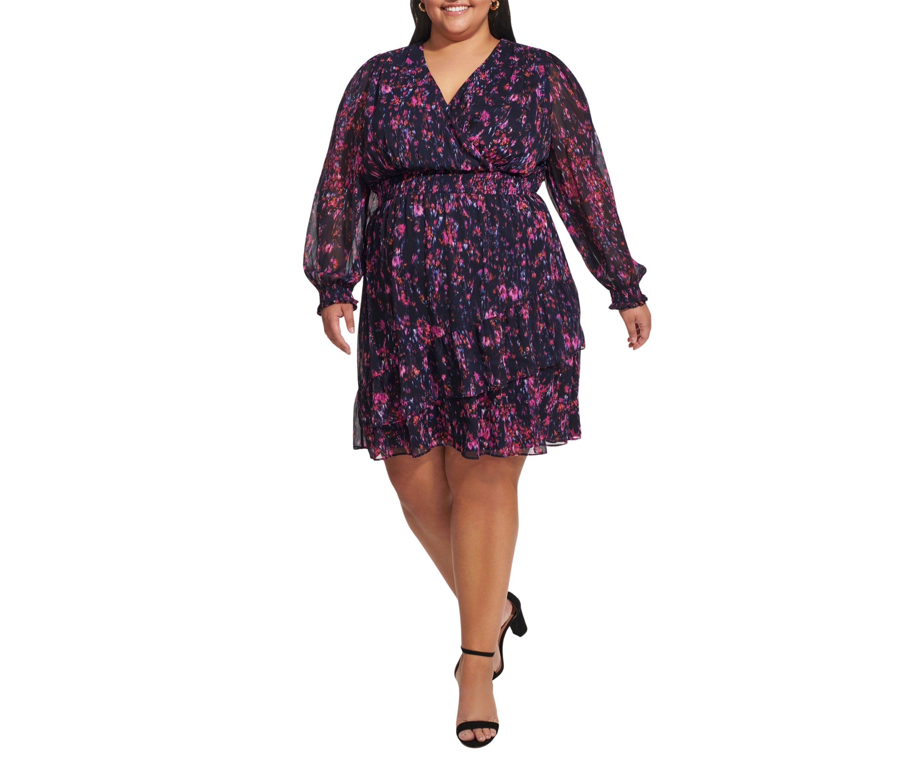 Plus Size Long Sleeve V-Neck Floral Print Ruffle Hem Dress