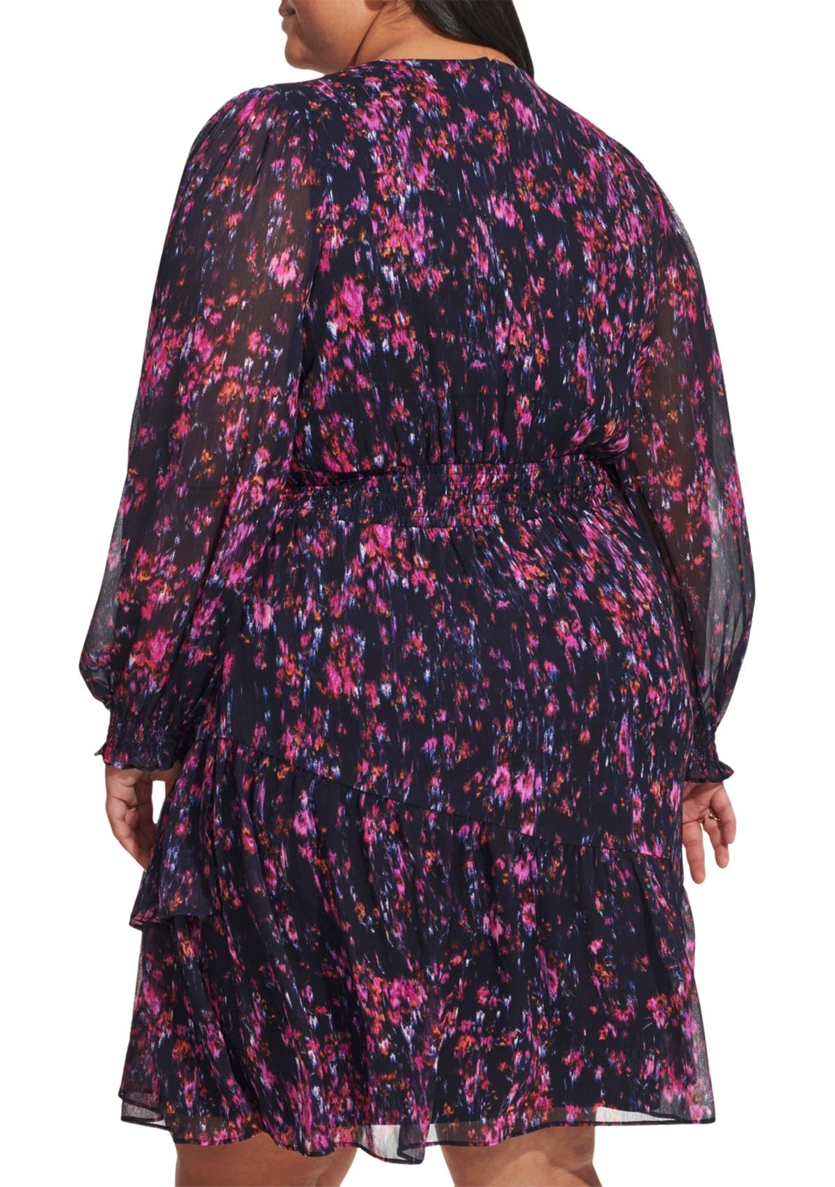 Plus Size Long Sleeve V-Neck Floral Print Ruffle Hem Dress