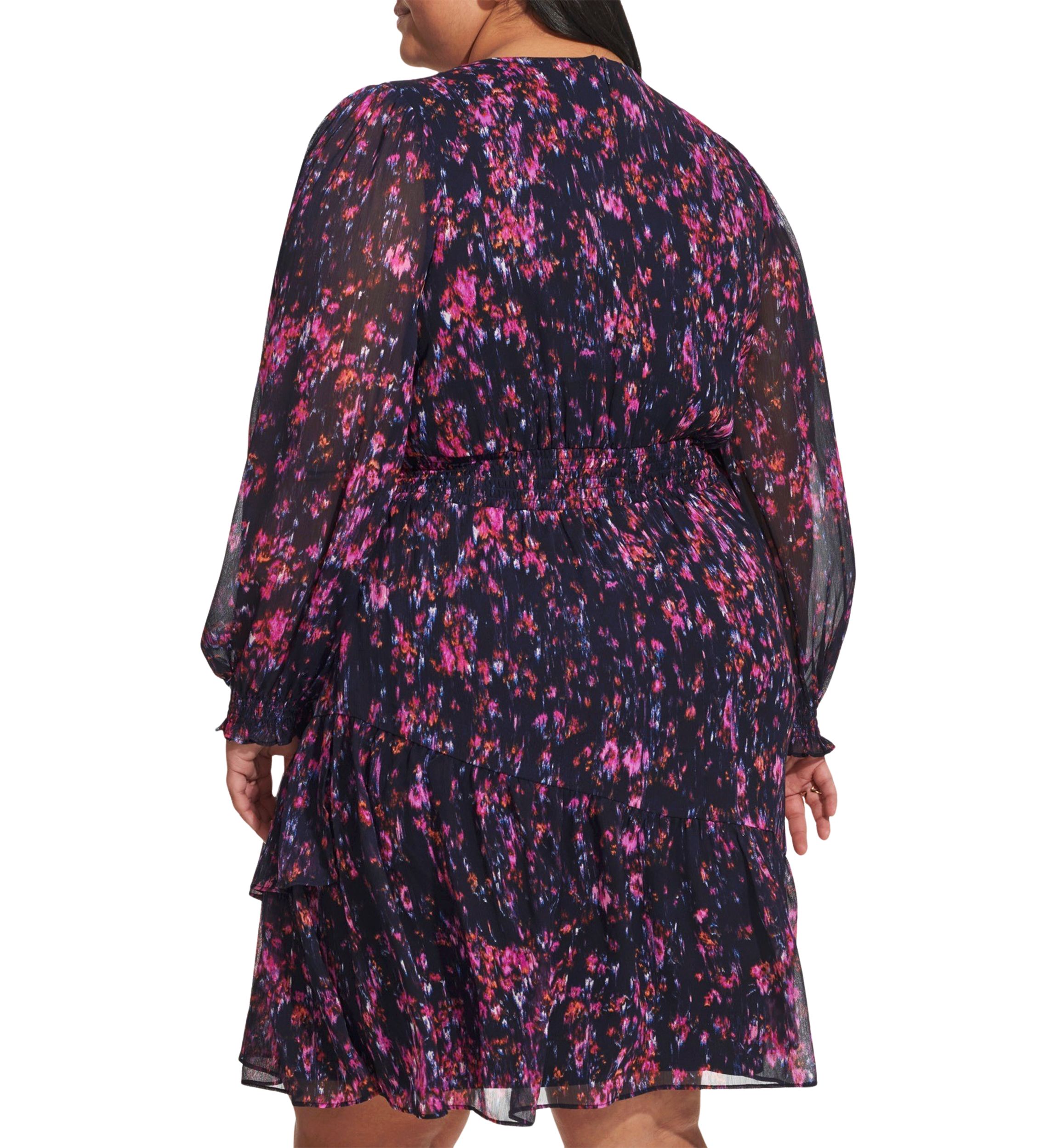 Plus Size Long Sleeve V-Neck Floral Print Ruffle Hem Dress