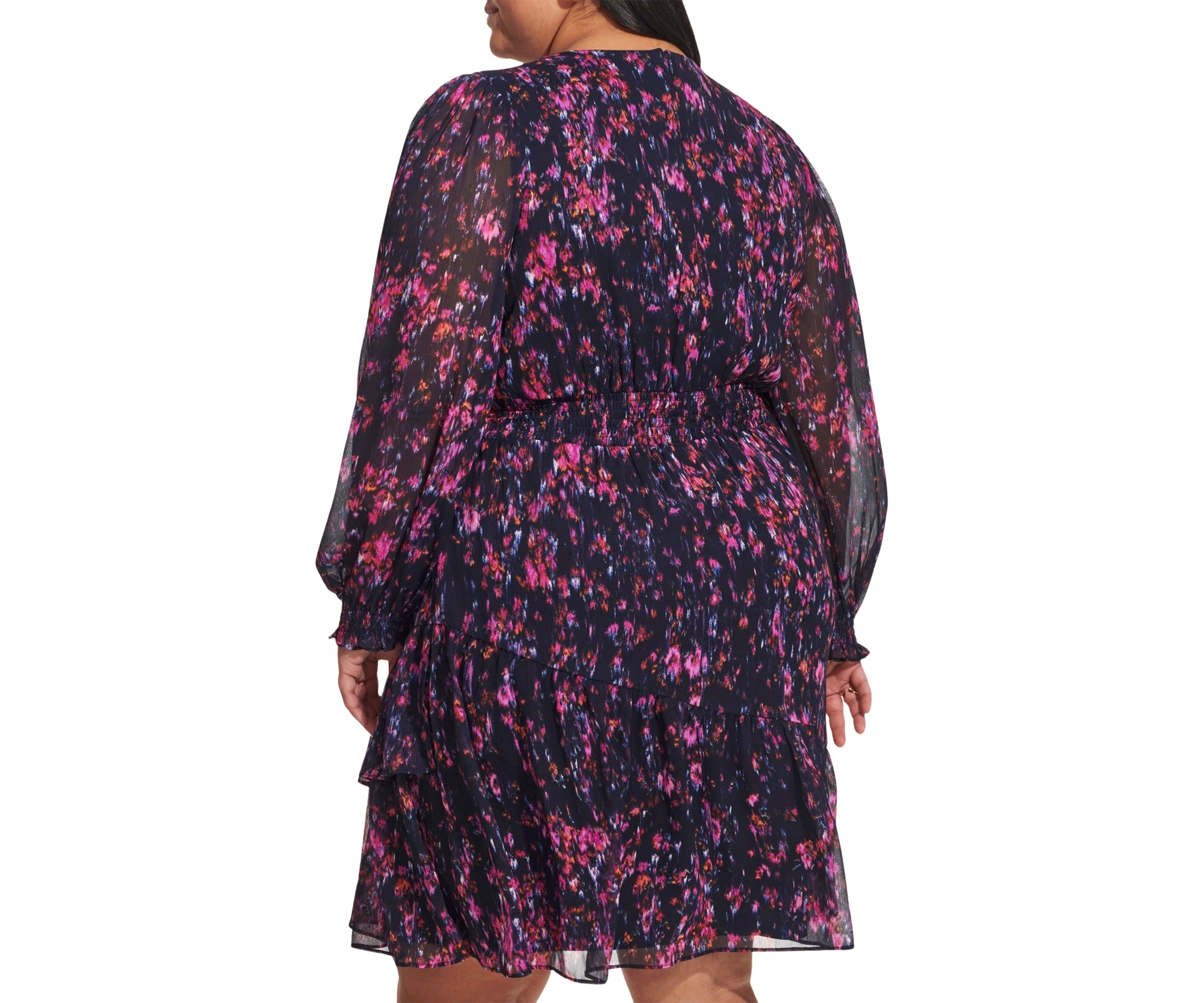 Plus Size Long Sleeve V-Neck Floral Print Ruffle Hem Dress