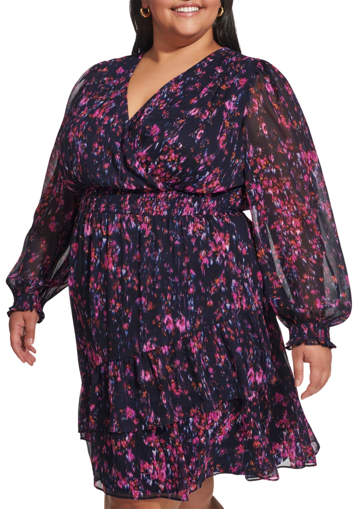 Plus Size Long Sleeve V-Neck Floral Print Ruffle Hem Dress