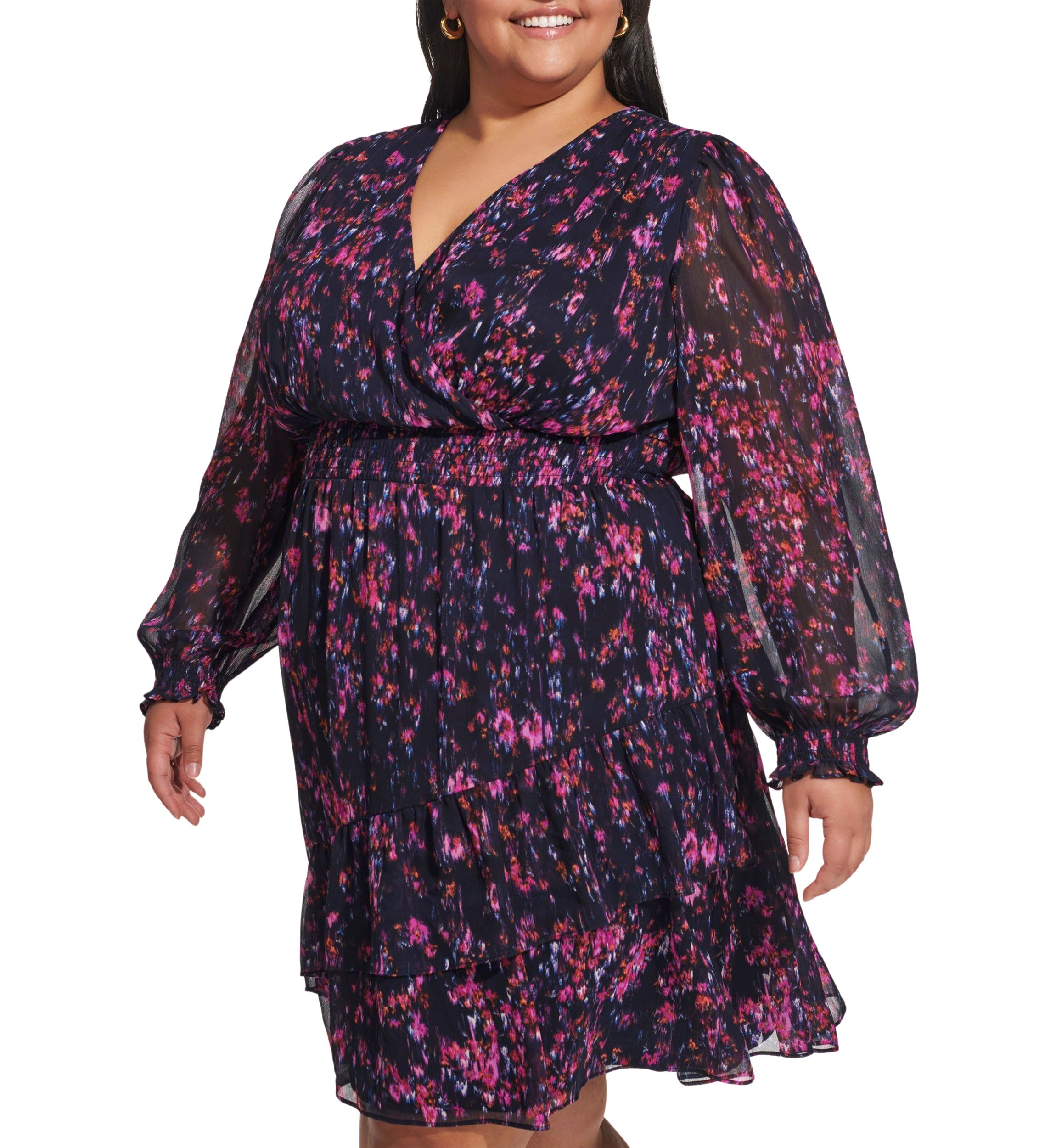 Plus Size Long Sleeve V-Neck Floral Print Ruffle Hem Dress