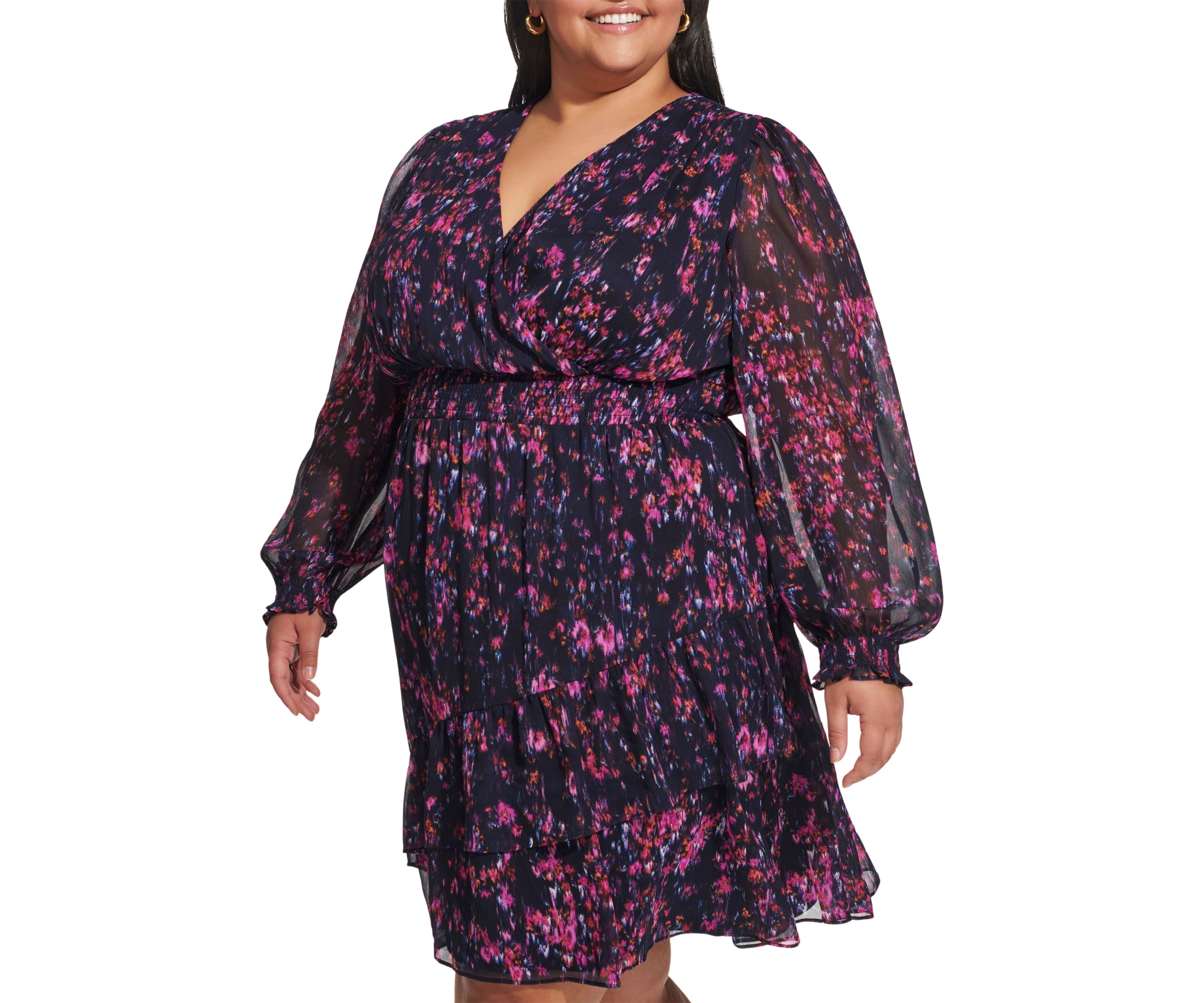 Plus Size Long Sleeve V-Neck Floral Print Ruffle Hem Dress