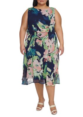 DKNY Women's Plus Size Sleeveless Floral Print Side Ruched Dress, Navy Blue, 14W