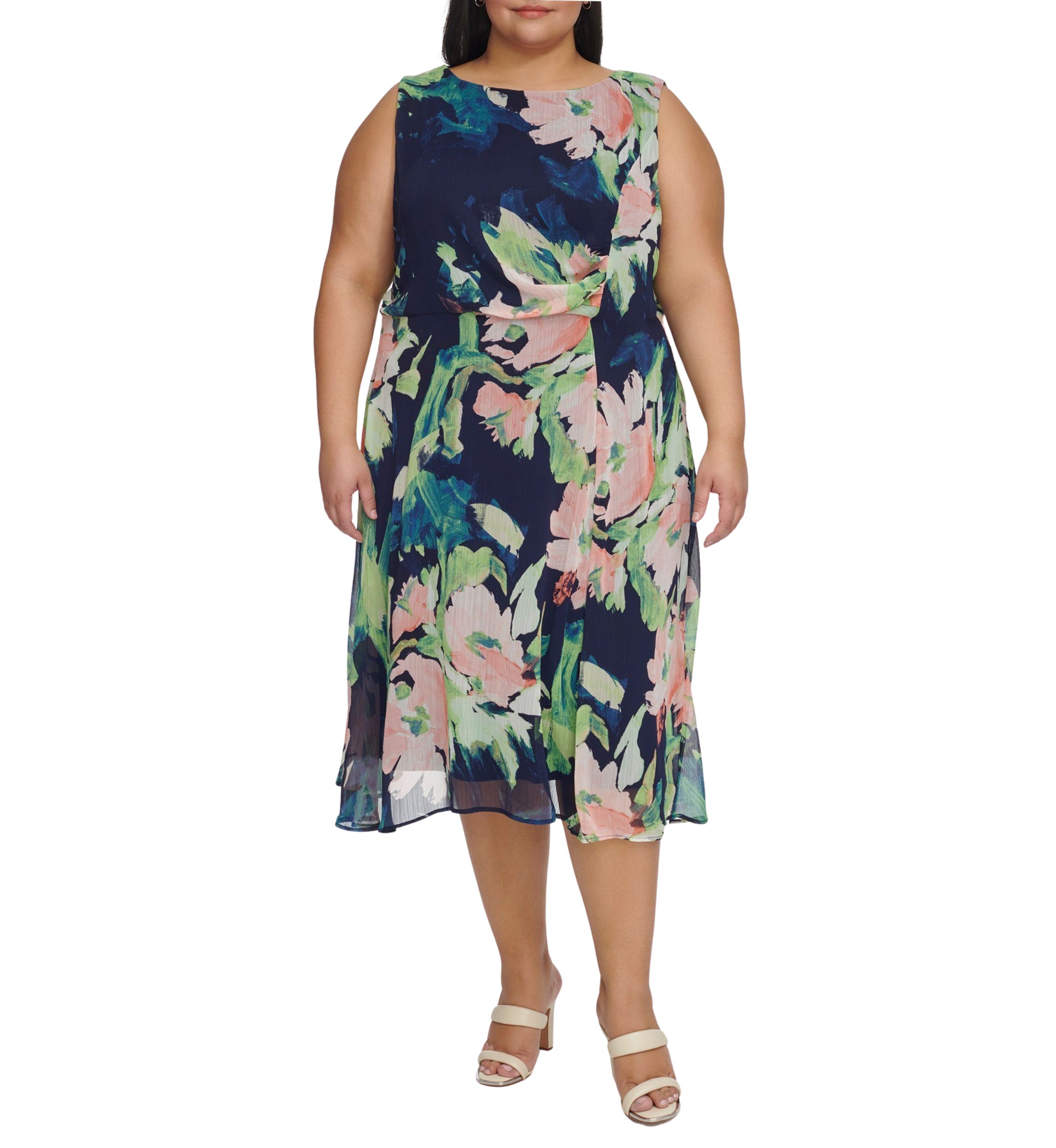Plus Size Sleeveless Floral Print Side Ruched Dress