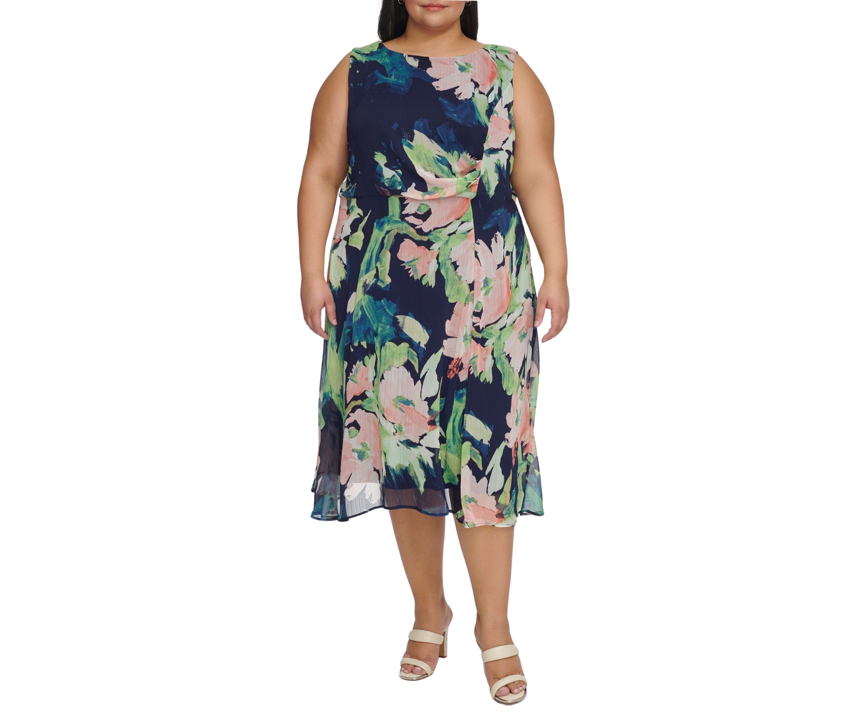 Plus Size Sleeveless Floral Print Side Ruched Dress
