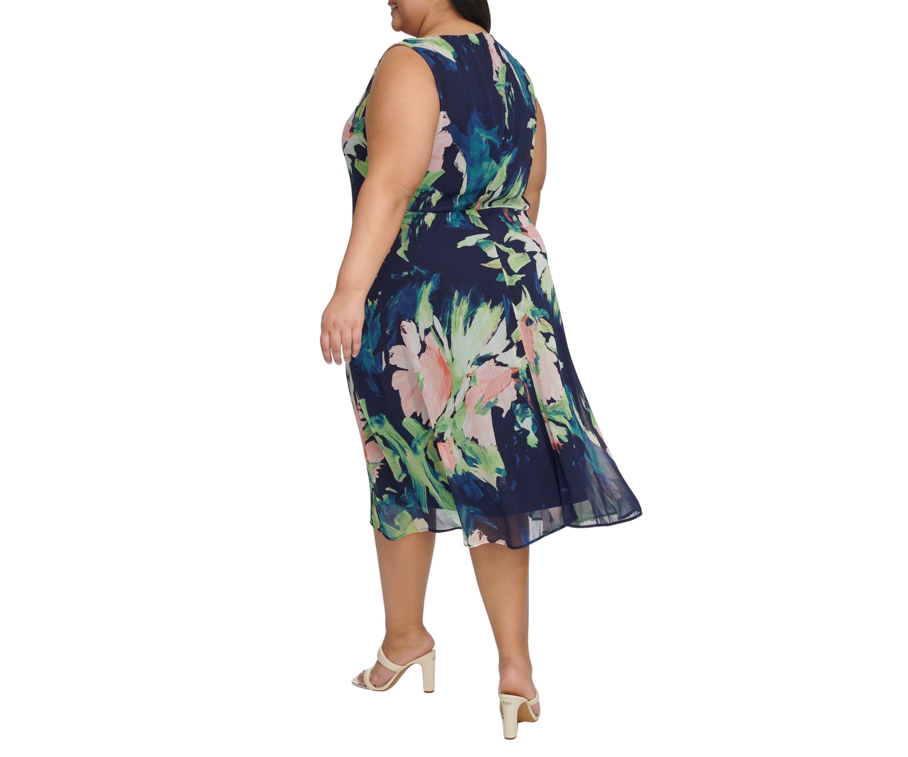 Plus Size Sleeveless Floral Print Side Ruched Dress