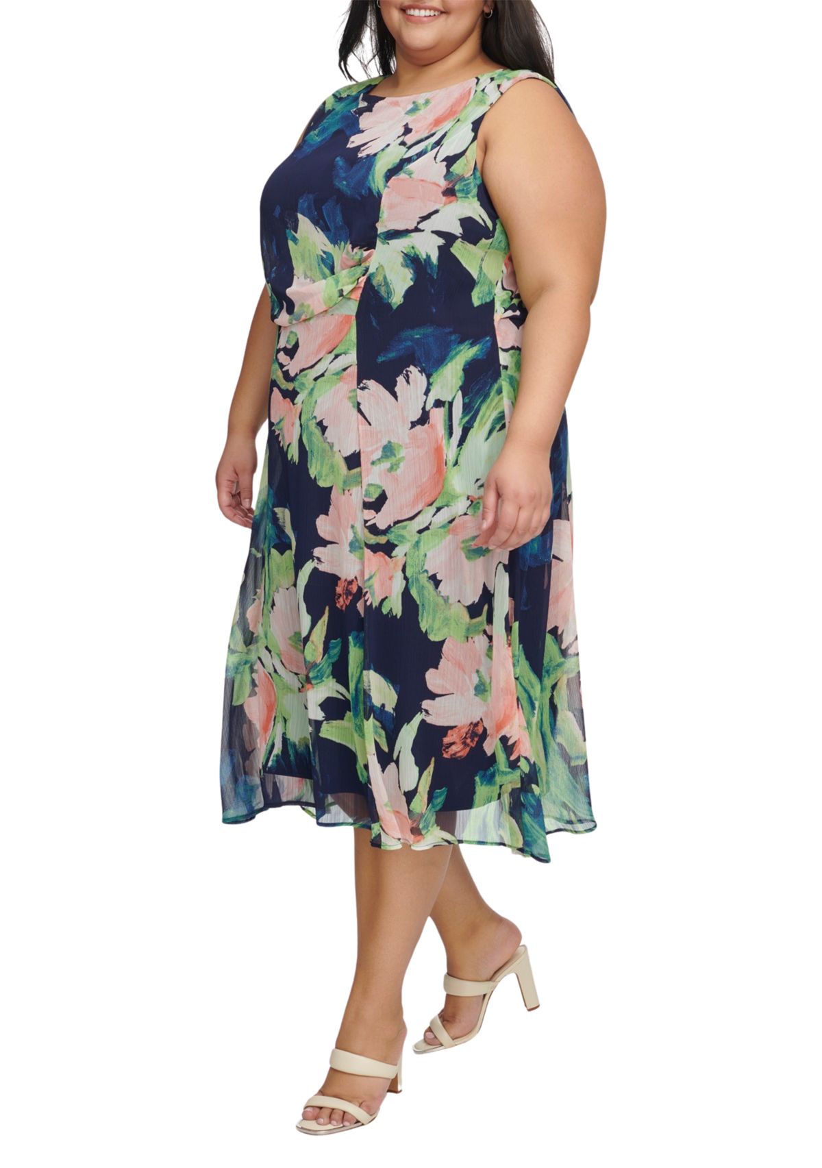 Plus Size Sleeveless Floral Print Side Ruched Dress