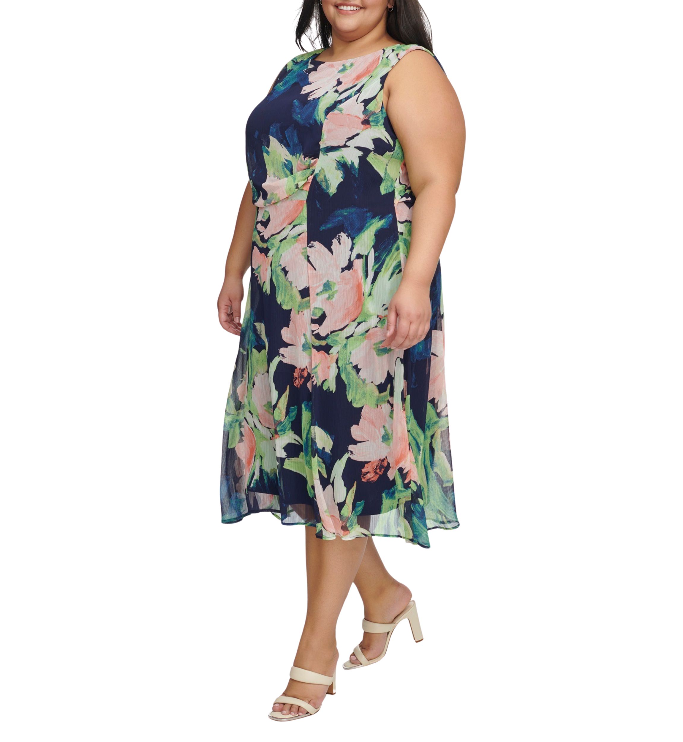 Plus Size Sleeveless Floral Print Side Ruched Dress