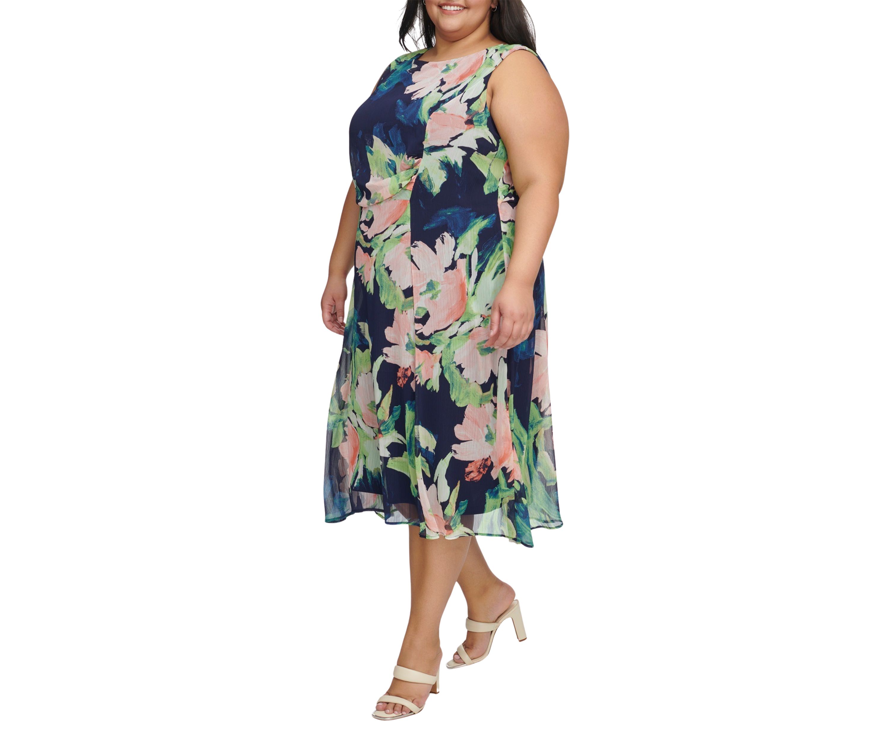 Plus Size Sleeveless Floral Print Side Ruched Dress
