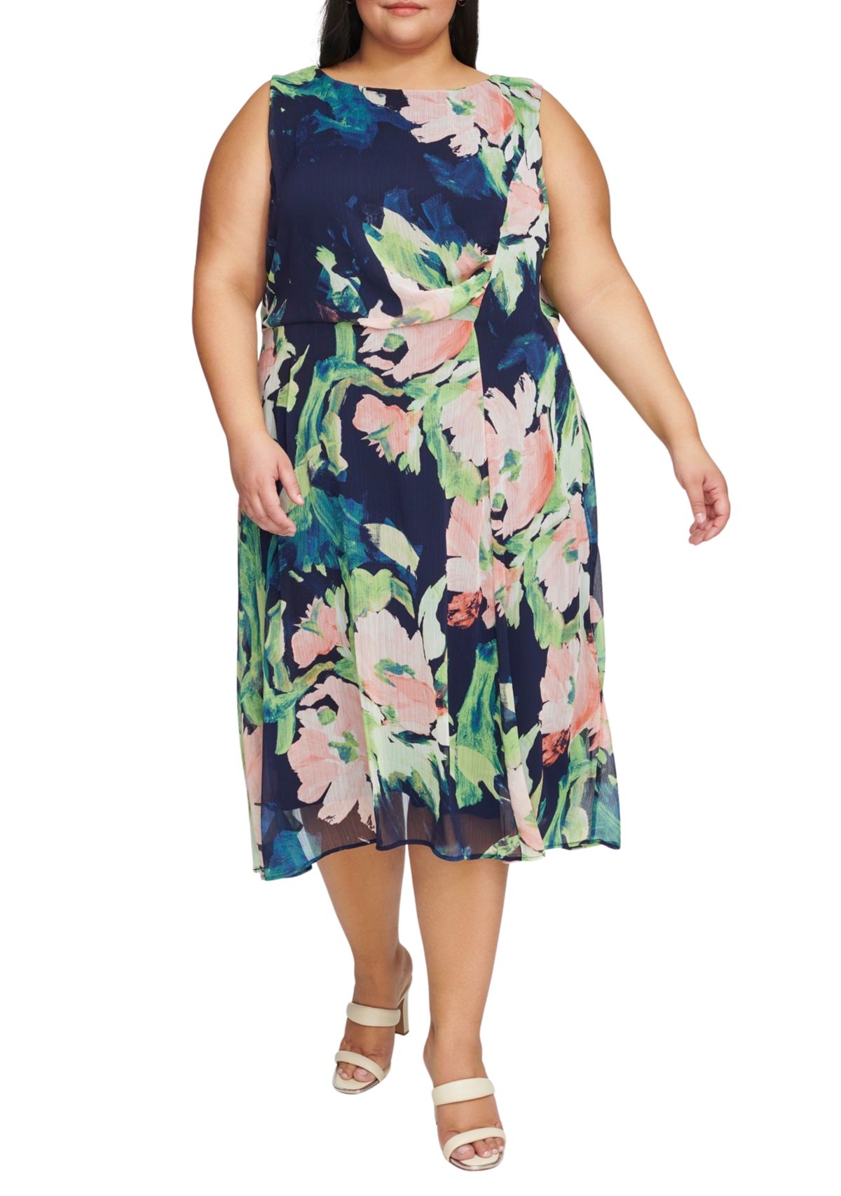 Plus Size Sleeveless Floral Print Side Ruched Dress