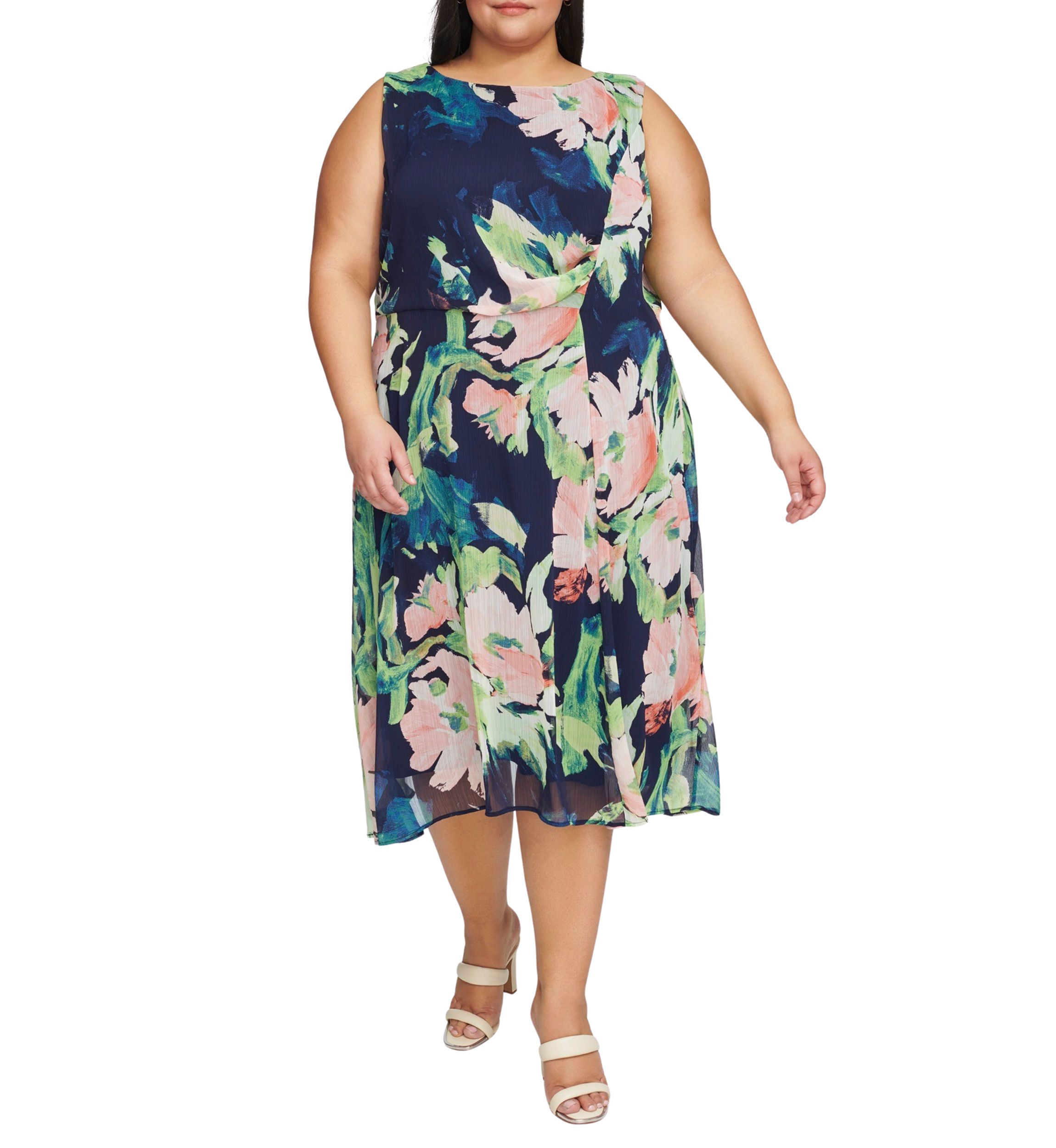 Plus Size Sleeveless Floral Print Side Ruched Dress