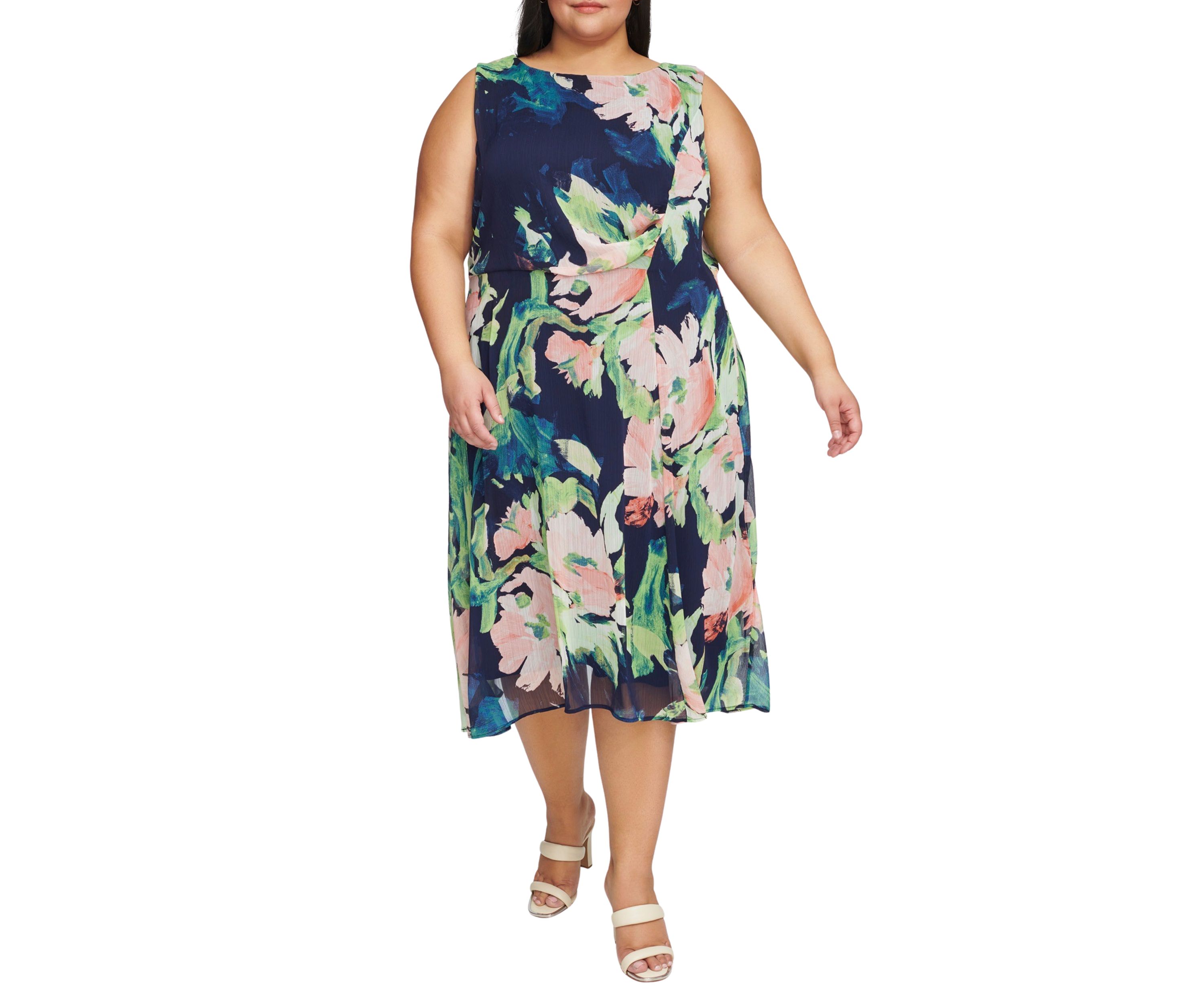 Plus Size Sleeveless Floral Print Side Ruched Dress