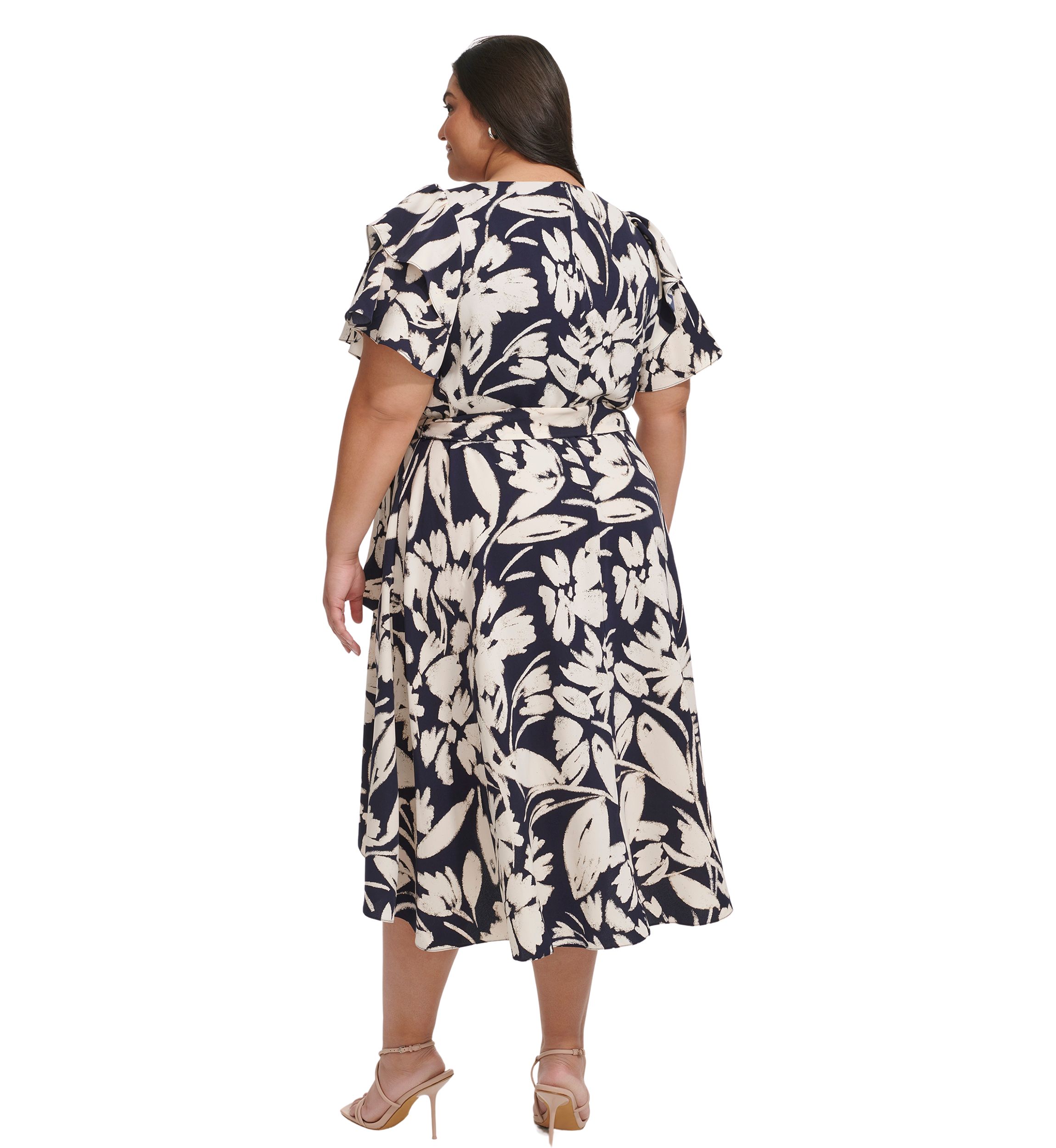 Plus Size Flutter Sleeve Two Tone Floral Printed Dress