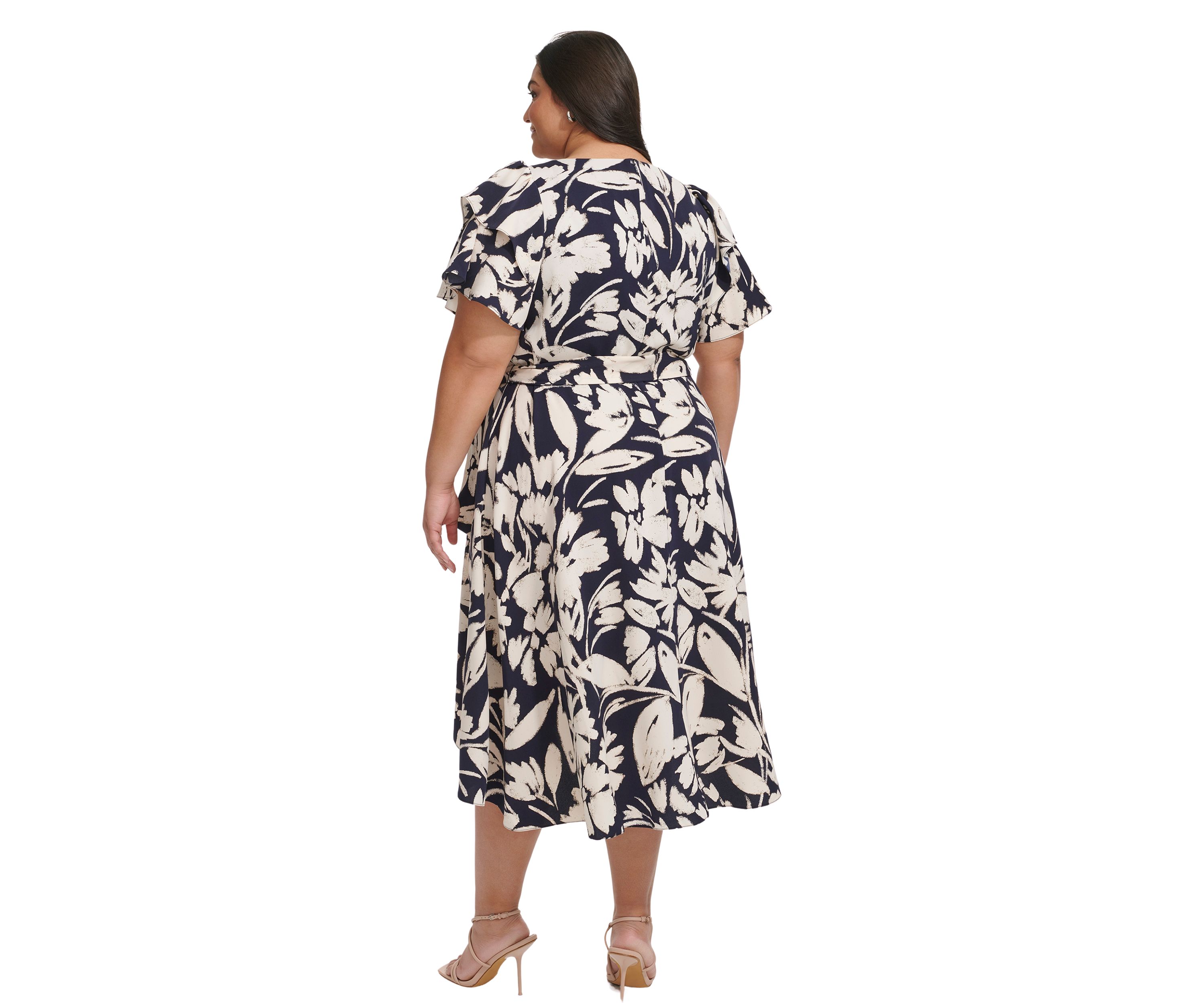 Plus Size Flutter Sleeve Two Tone Floral Printed Dress