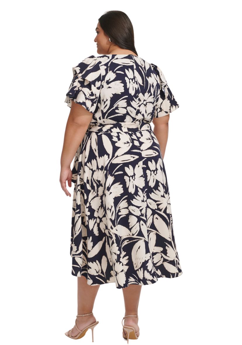 Plus Size Flutter Sleeve Two Tone Floral Printed Dress