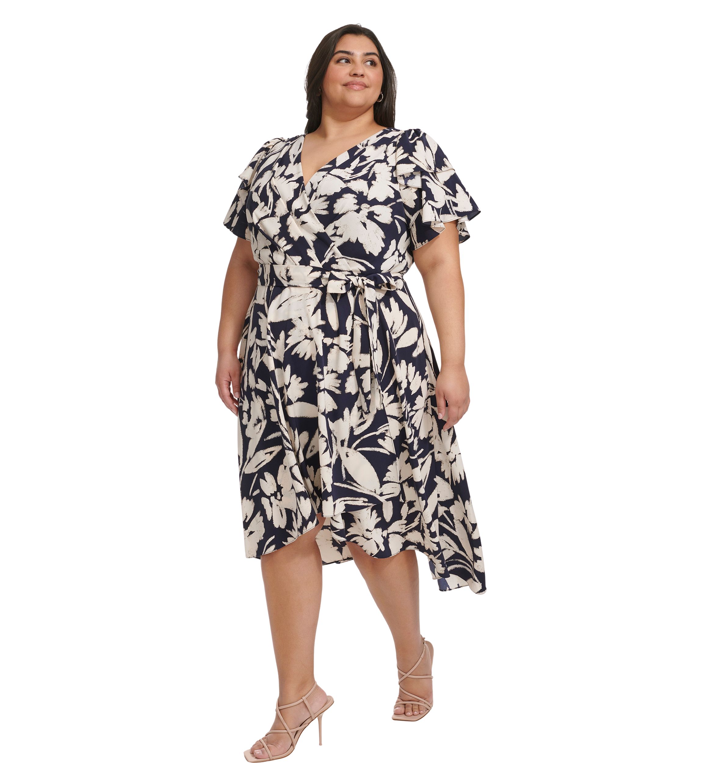 Plus Size Flutter Sleeve Two Tone Floral Printed Dress