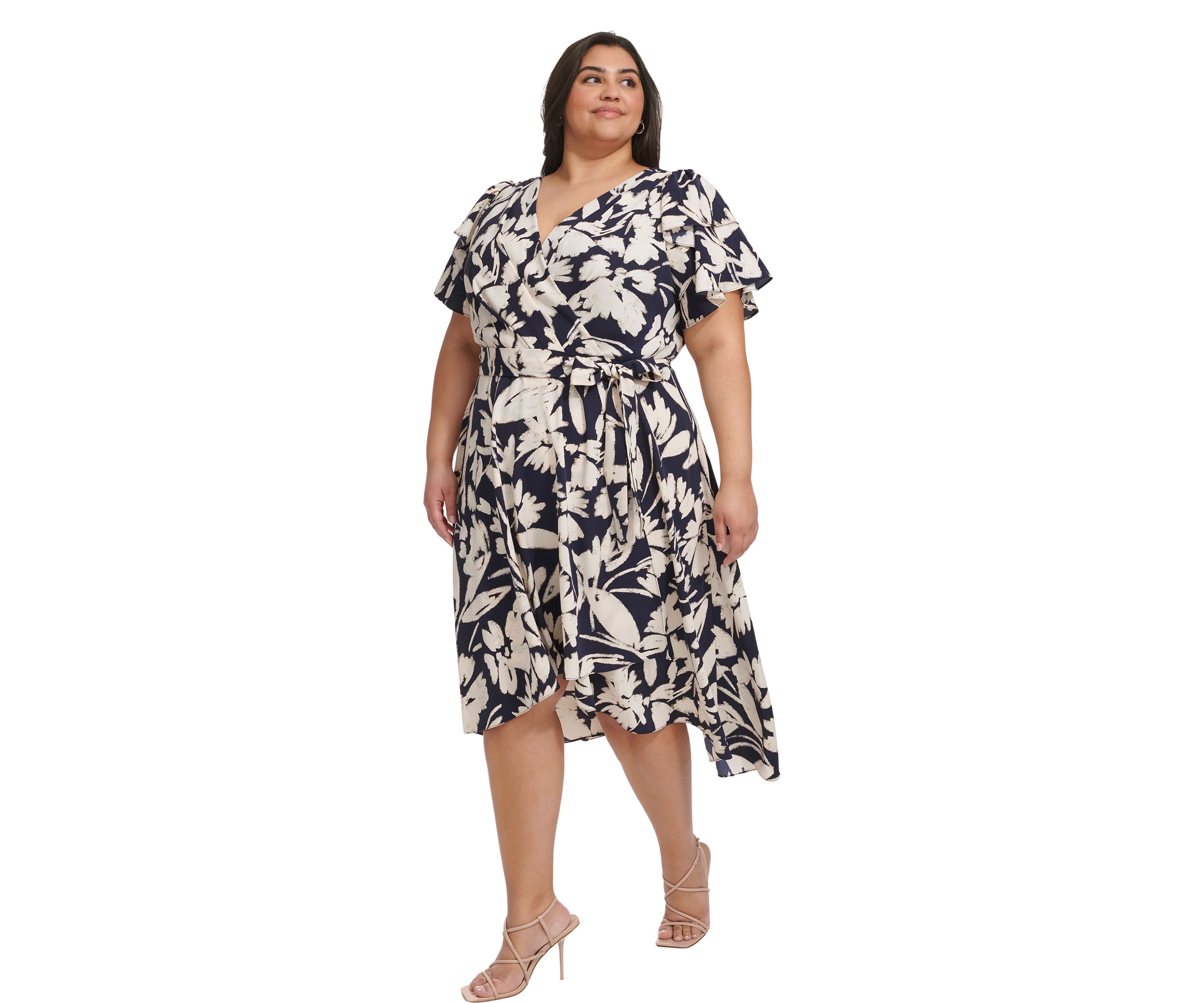 Plus Size Flutter Sleeve Two Tone Floral Printed Dress