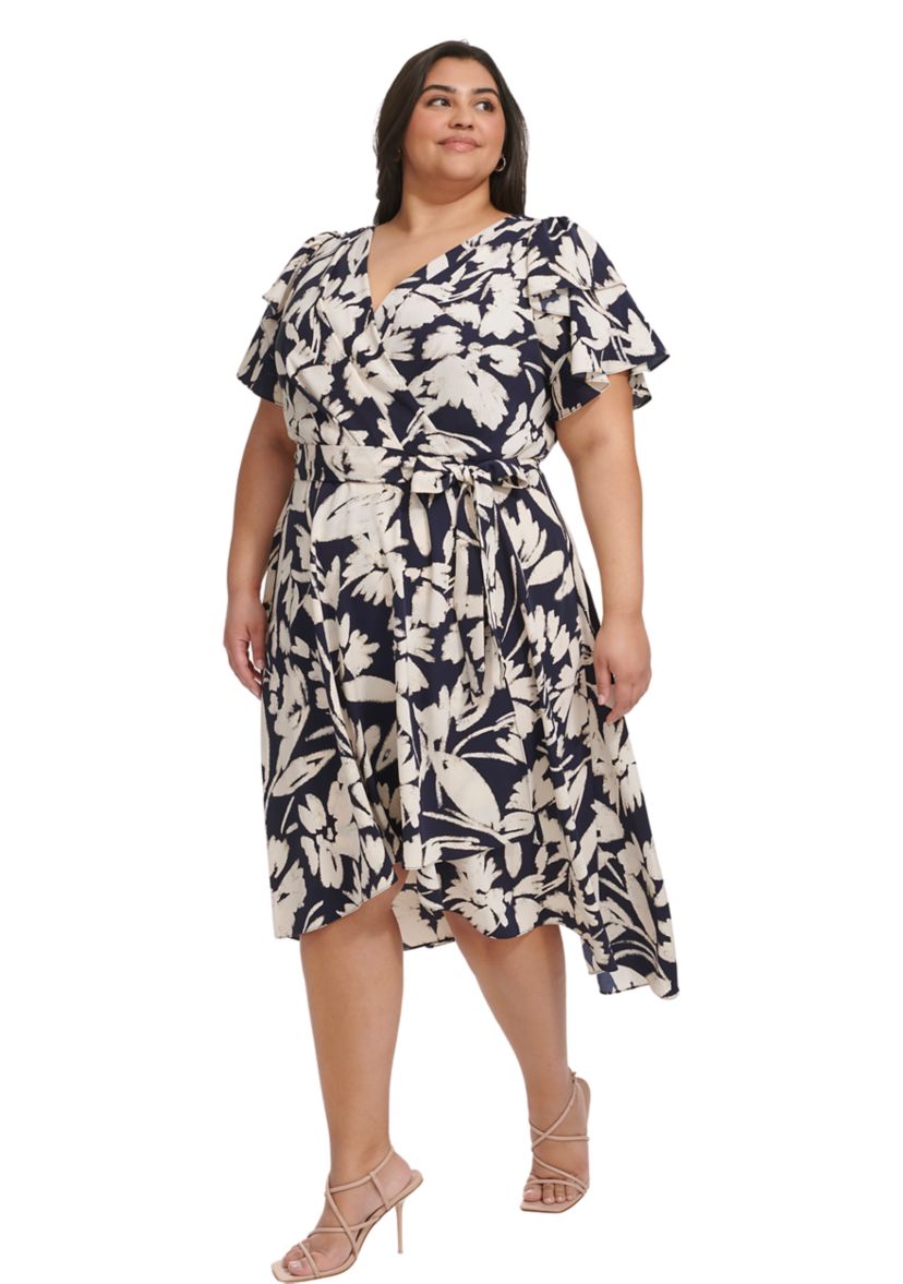 Plus Size Flutter Sleeve Two Tone Floral Printed Dress