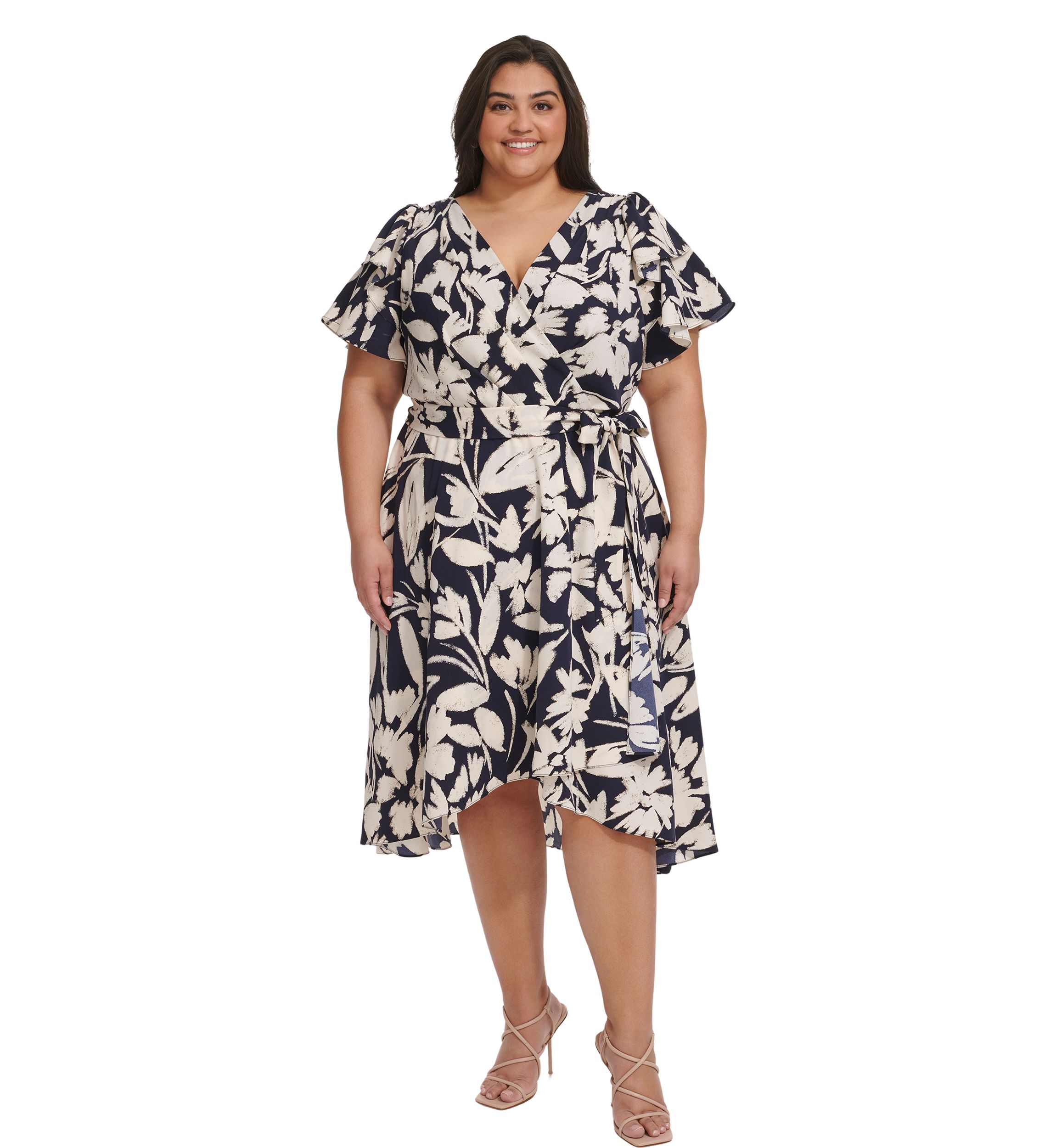 Plus Size Flutter Sleeve Two Tone Floral Printed Dress