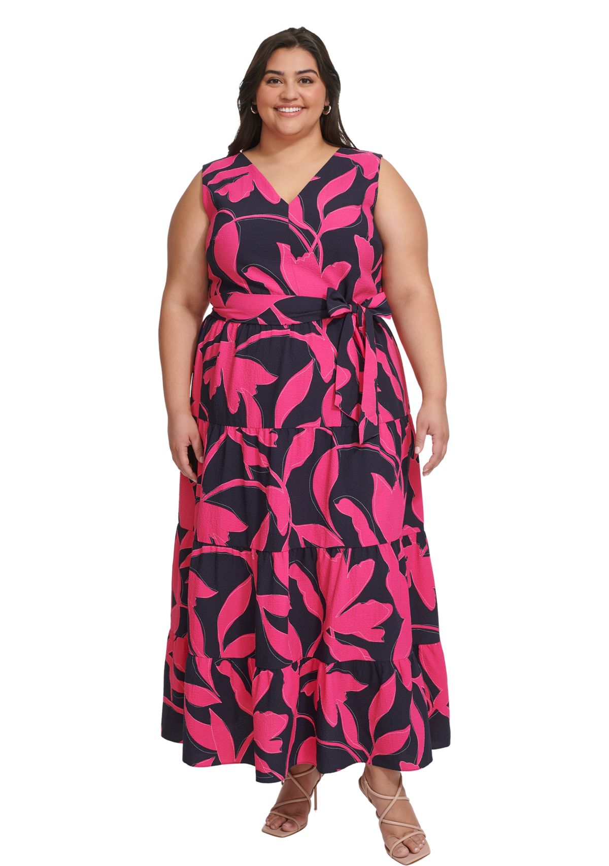Plus Size Sleeveless Printed V-Neck Tie Waist Dres