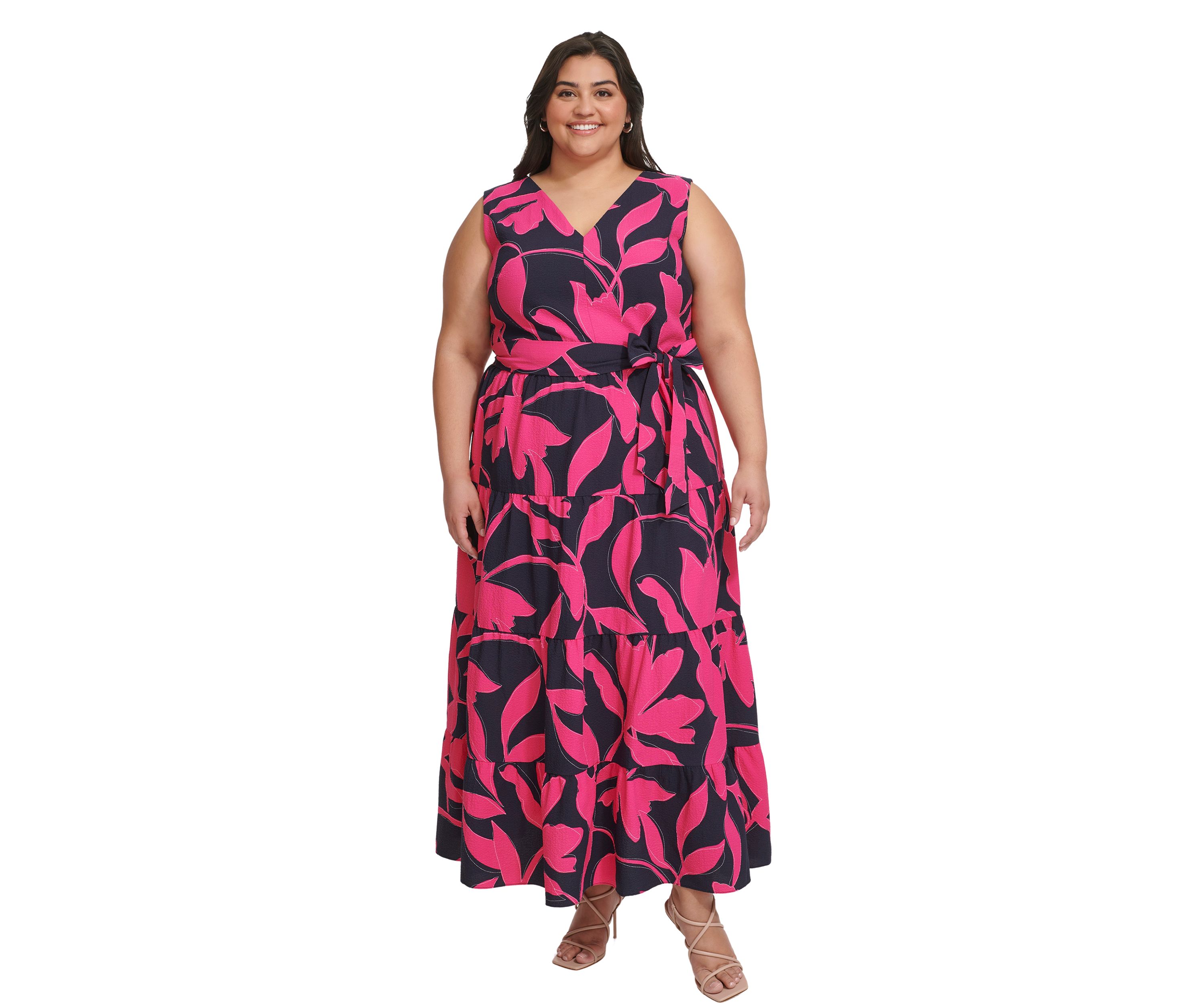 Plus Size Sleeveless Printed V-Neck Tie Waist Dres