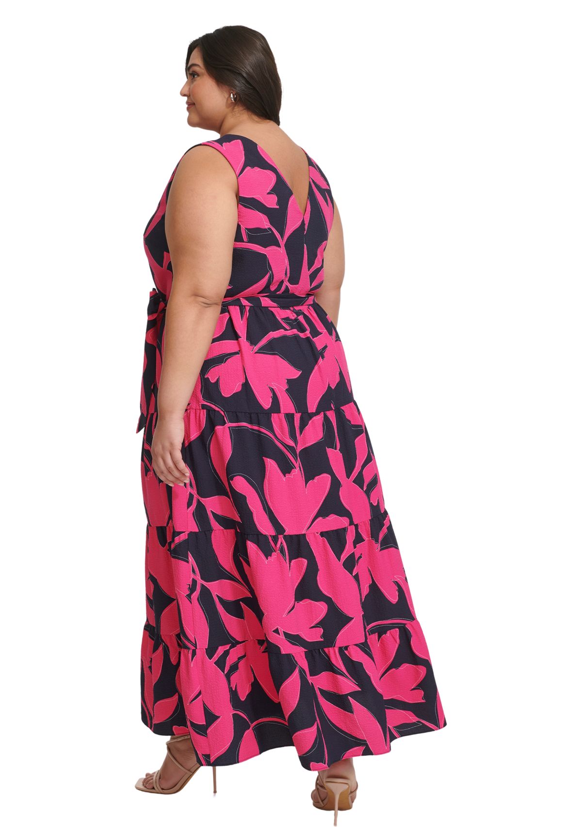 Plus Size Sleeveless Printed V-Neck Tie Waist Dres