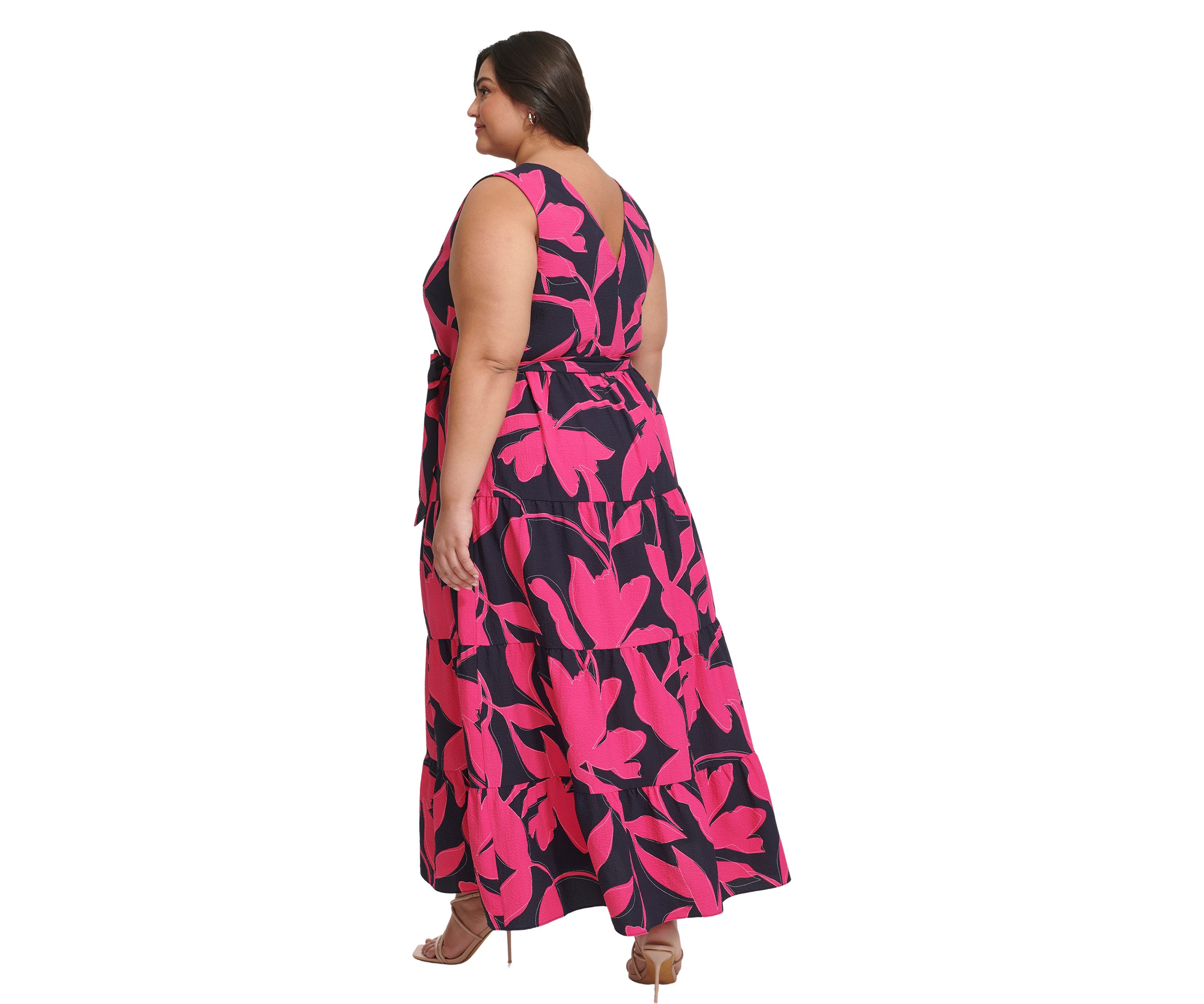 Plus Size Sleeveless Printed V-Neck Tie Waist Dres