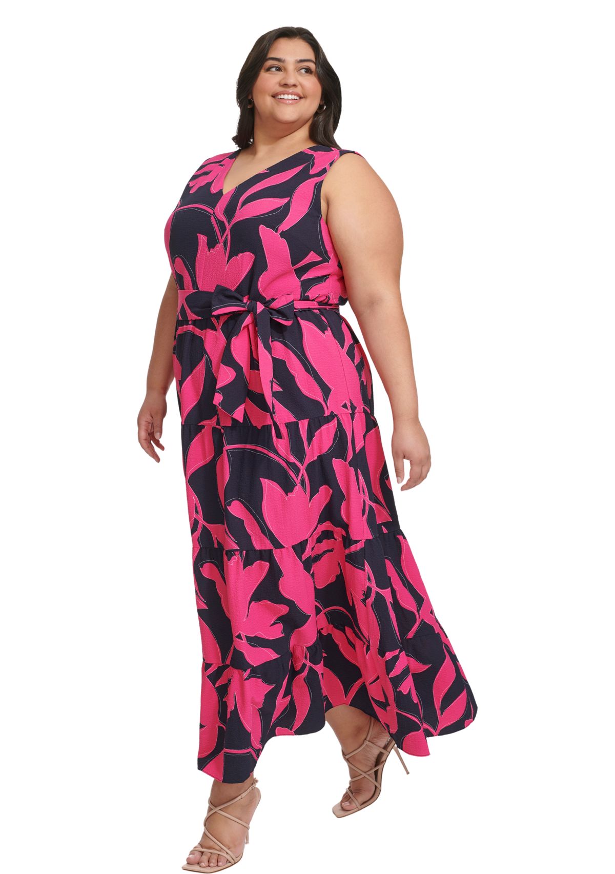 Plus Size Sleeveless Printed V-Neck Tie Waist Dres