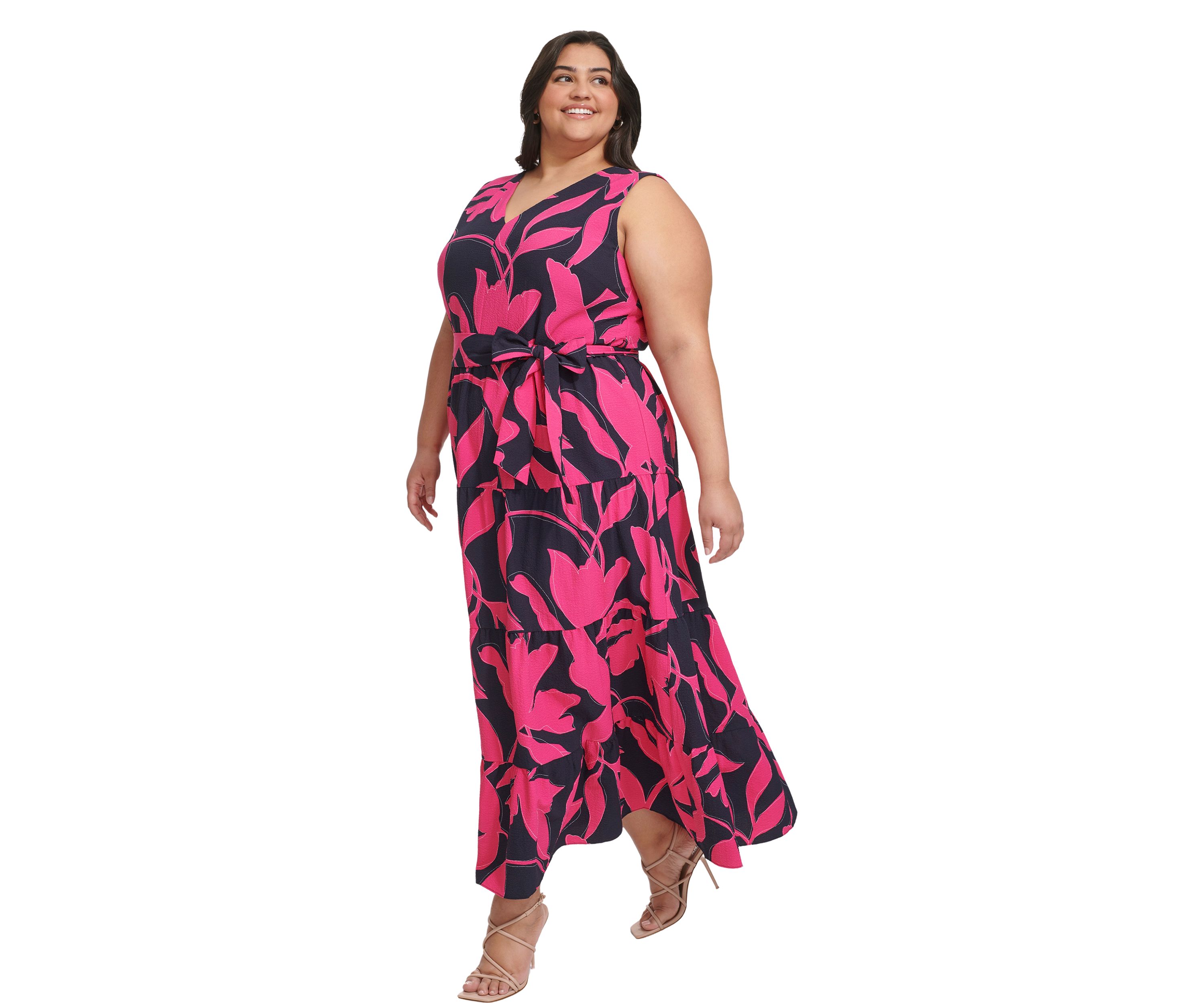 Plus Size Sleeveless Printed V-Neck Tie Waist Dres