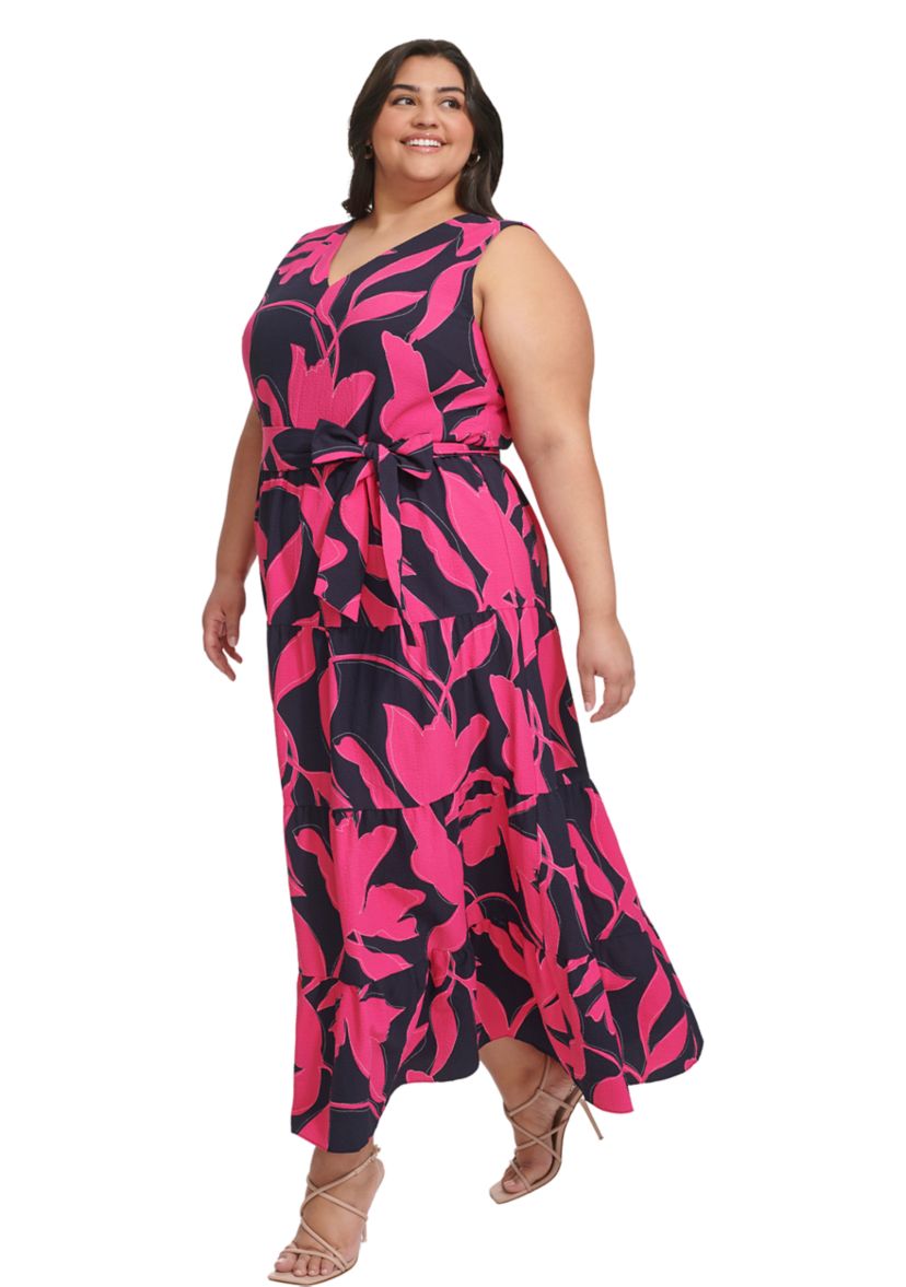 Plus Size Sleeveless Printed V-Neck Tie Waist Dres
